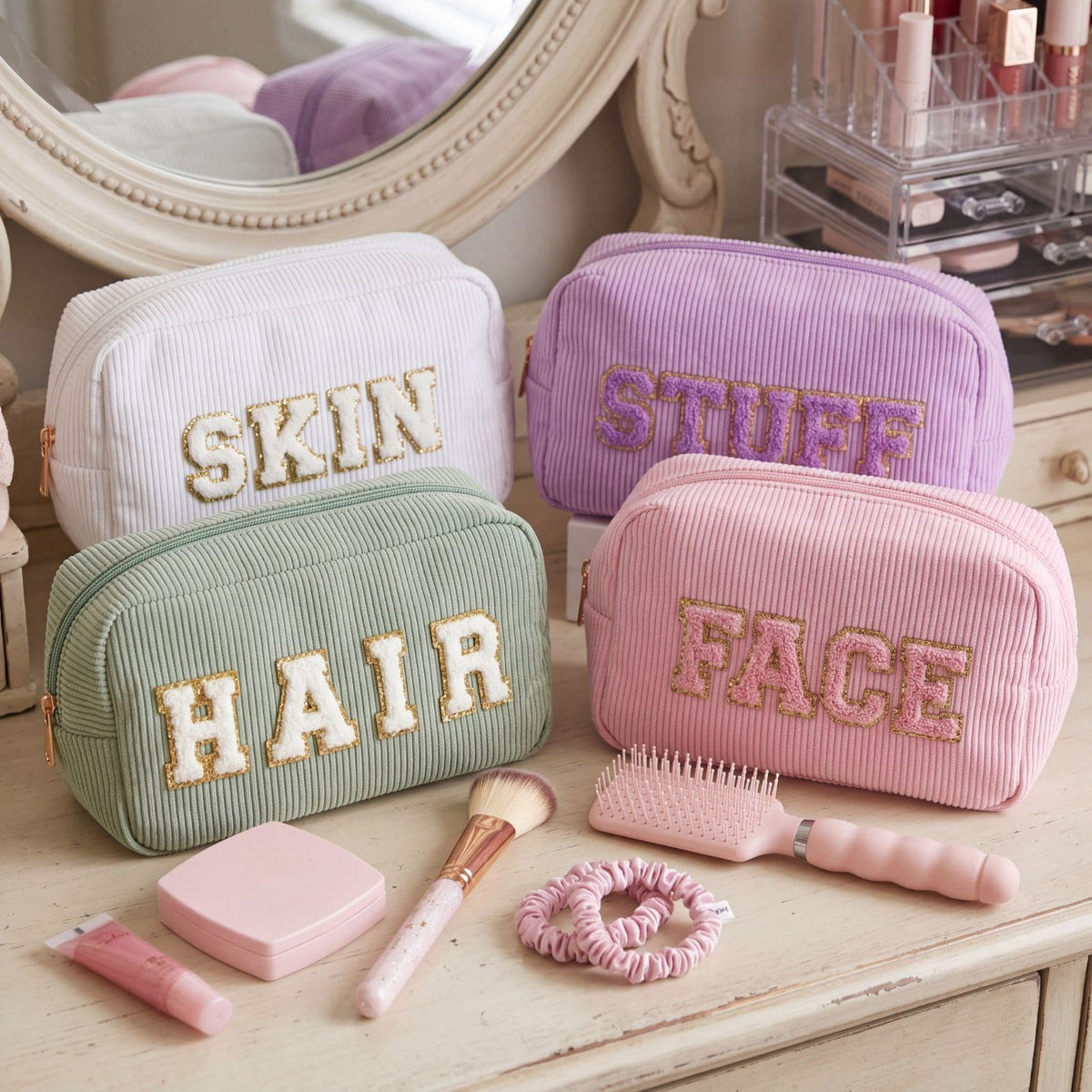 4 Preppy Chenille Letter Makeup Bags Purple Pink White Green - Pinkunn Official Imagery - 4