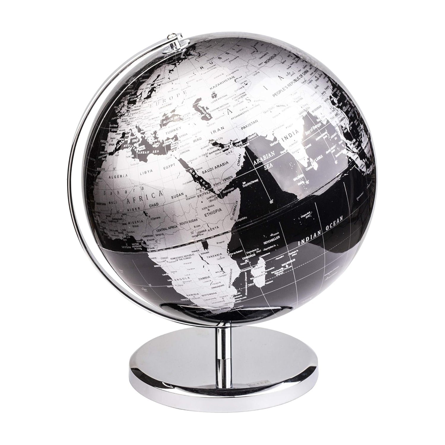 Exerz 10-inch black world globe with stainless steel arc and base, featuring detailed geographic map and modern design.