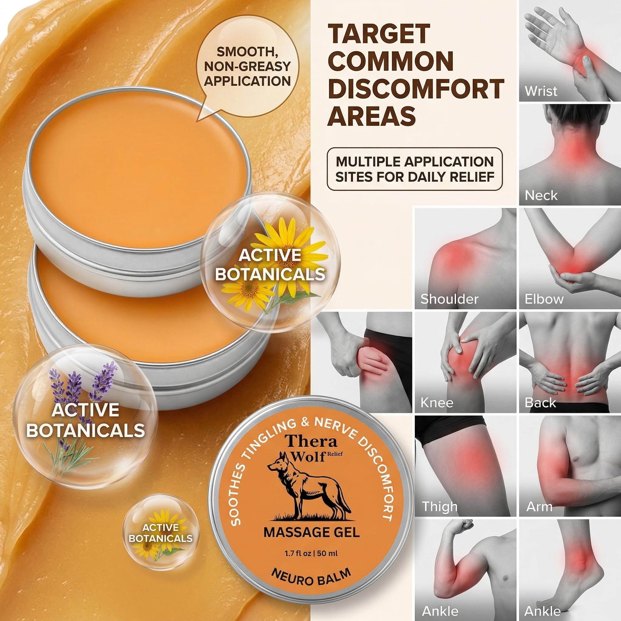 TheraWolf Pain Relief Balm herbal cooling cream applied on skin, moisturizing and soothing for pain relief.