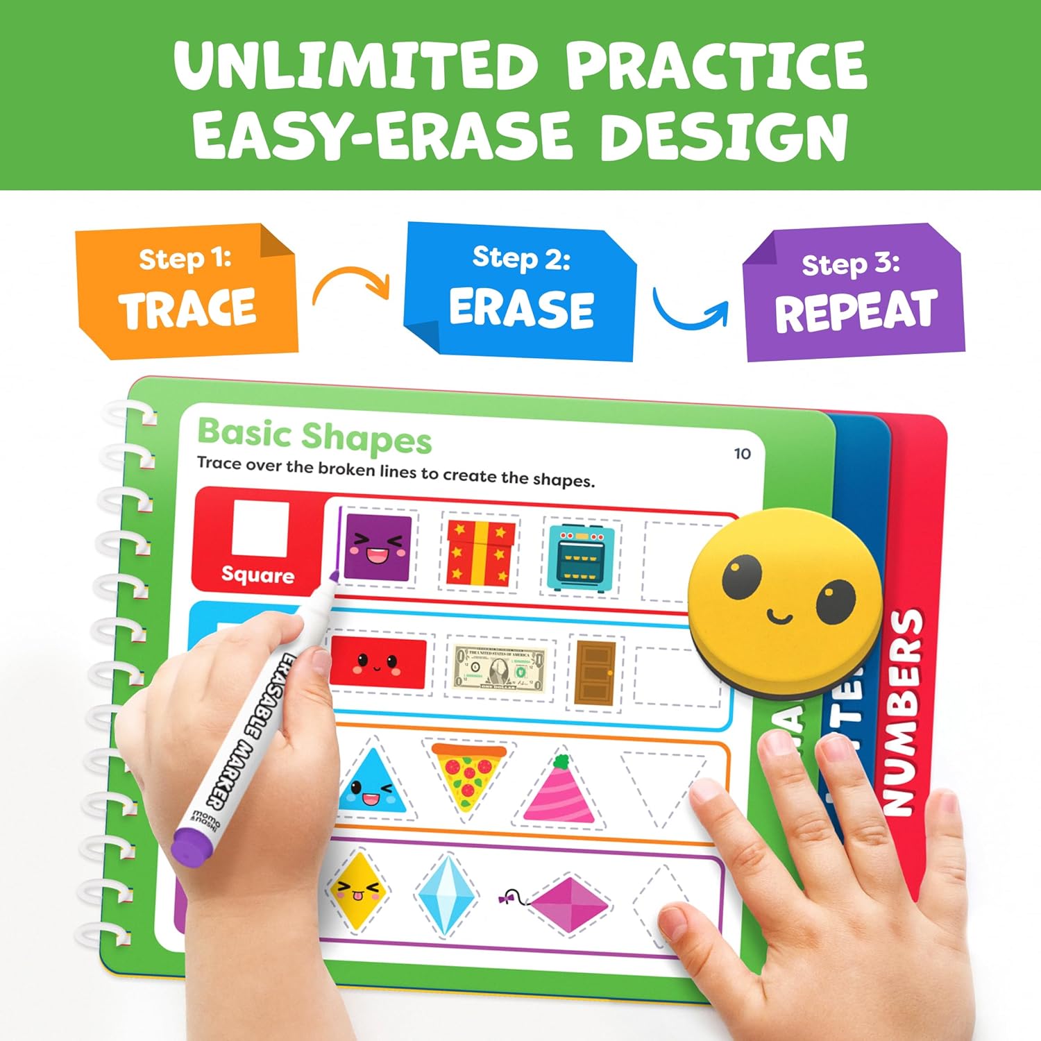 Momo & Nashi preschool letter tracing books for kids ages 3 to 5, featuring colorful pages with alphabet activities for toddlers.