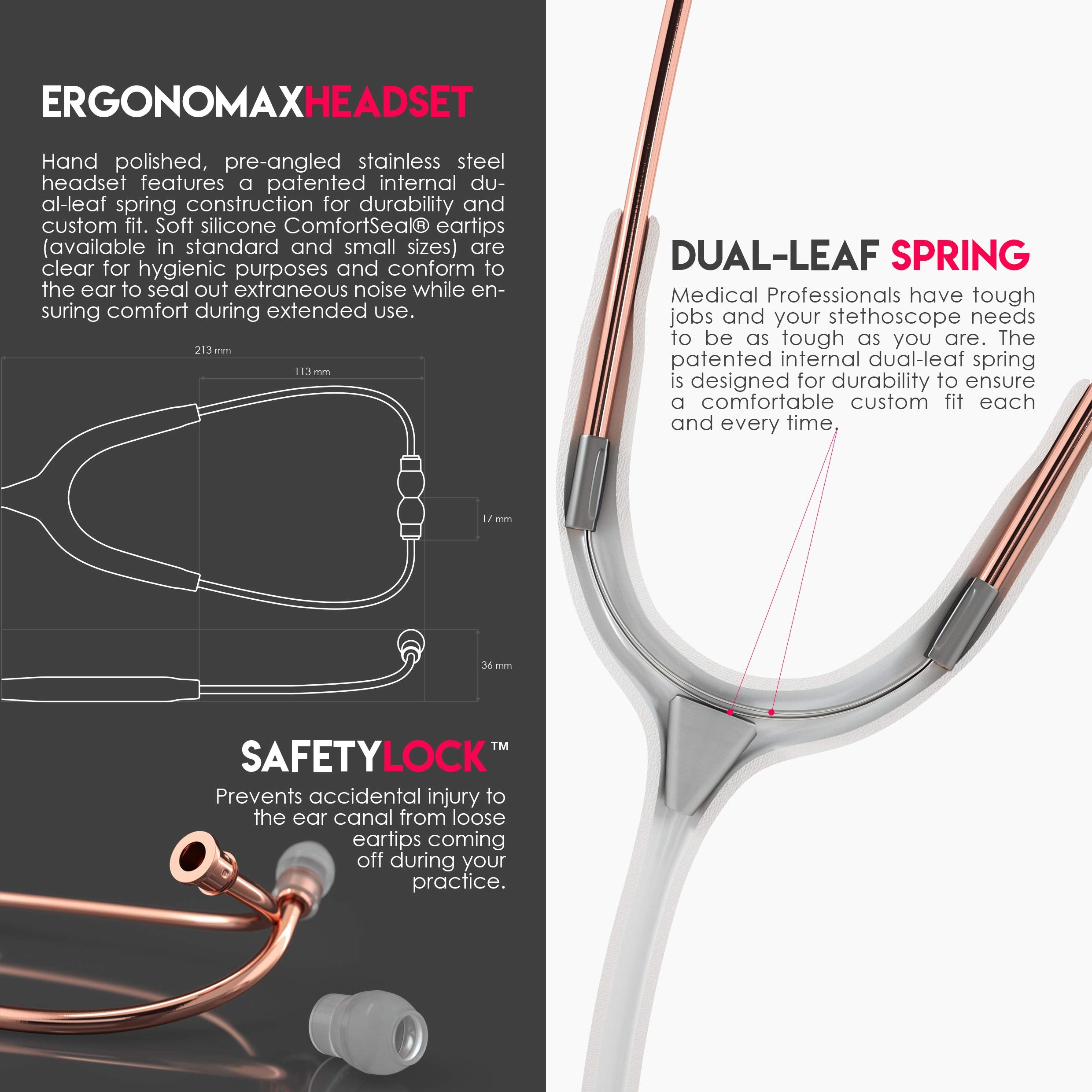 MDF Instruments, Rosegold MD One Stainless Steel Stethoscope, Adult, White Tube, Rosegold Chestpieces-Headset, MDF777RG29