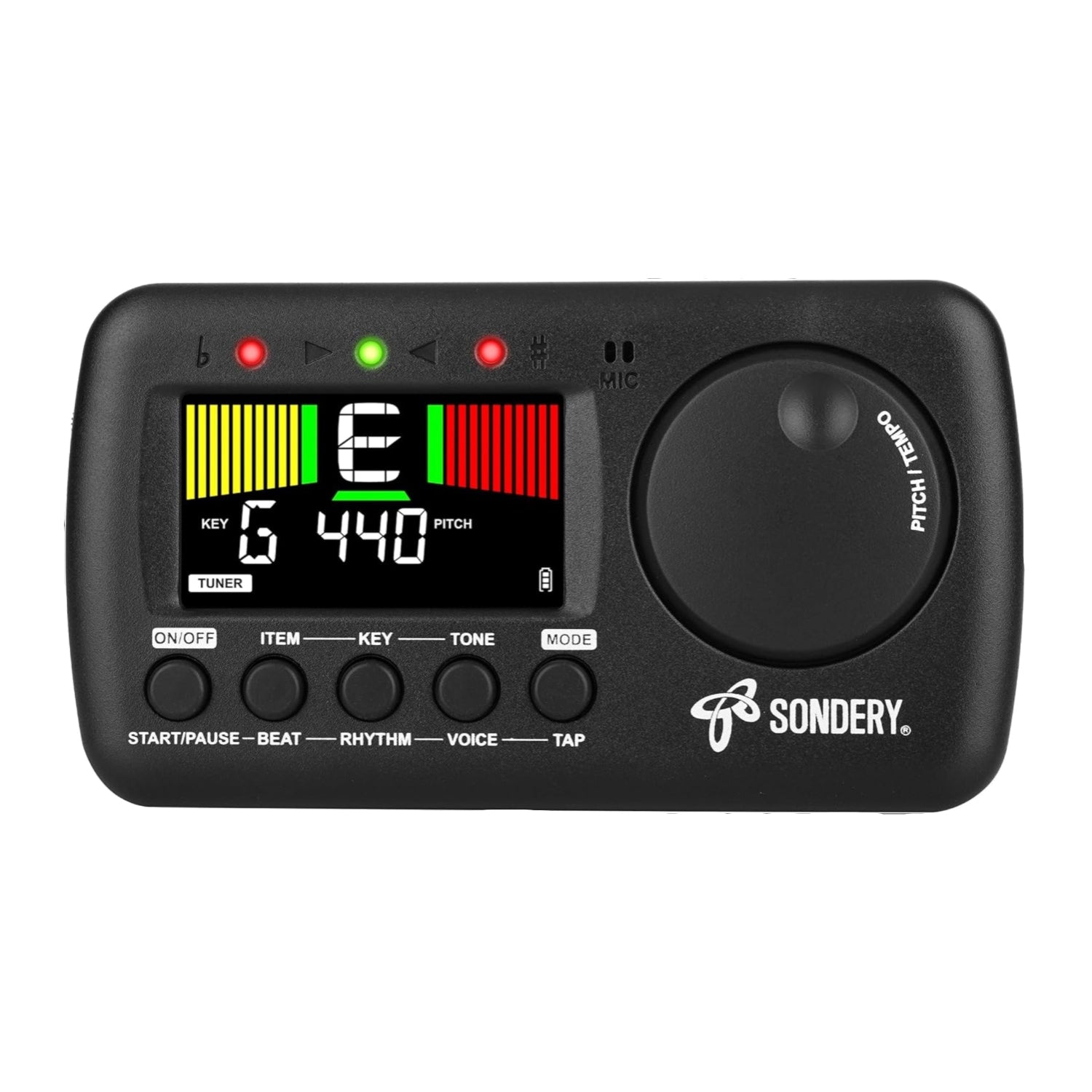 Sondery 3-in-1 digital metronome and tuner device with a rechargeable battery, featuring a digital display for all musical instruments.