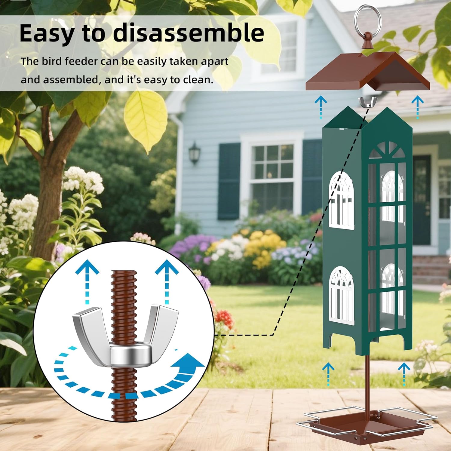 VYHAG metal outdoor bird feeder hanging design, waterproof and rust-resistant, with birdseed accessible for garden birds.