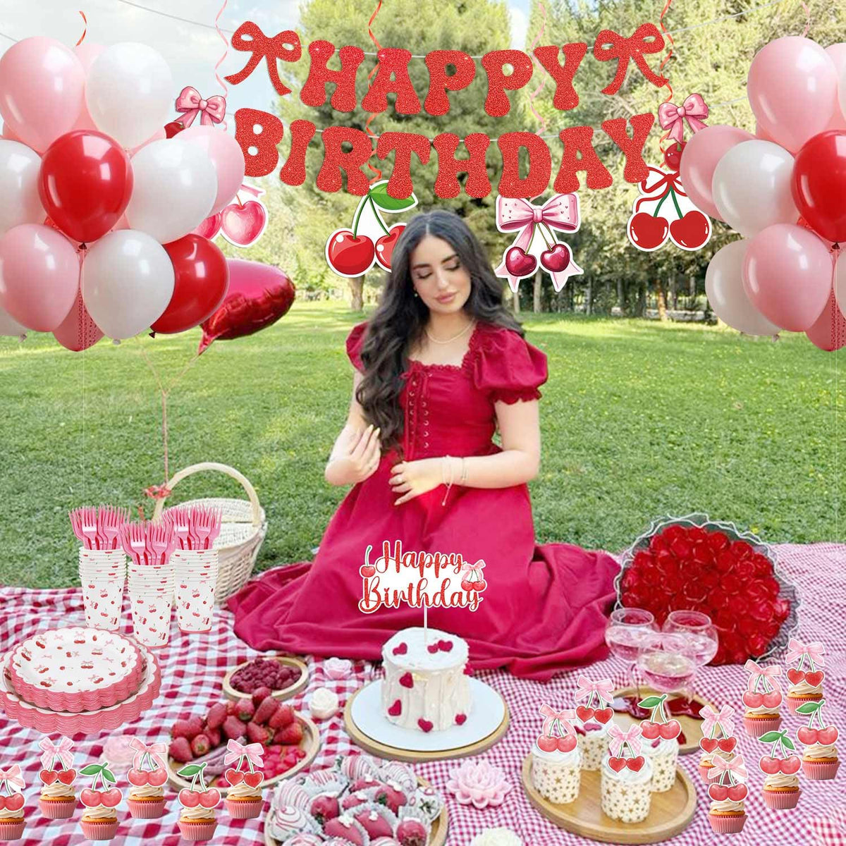 Cherry Birthday Decorations 182Pcs Cherry Plates Napkins - Caisehabu Official Imagery - 5