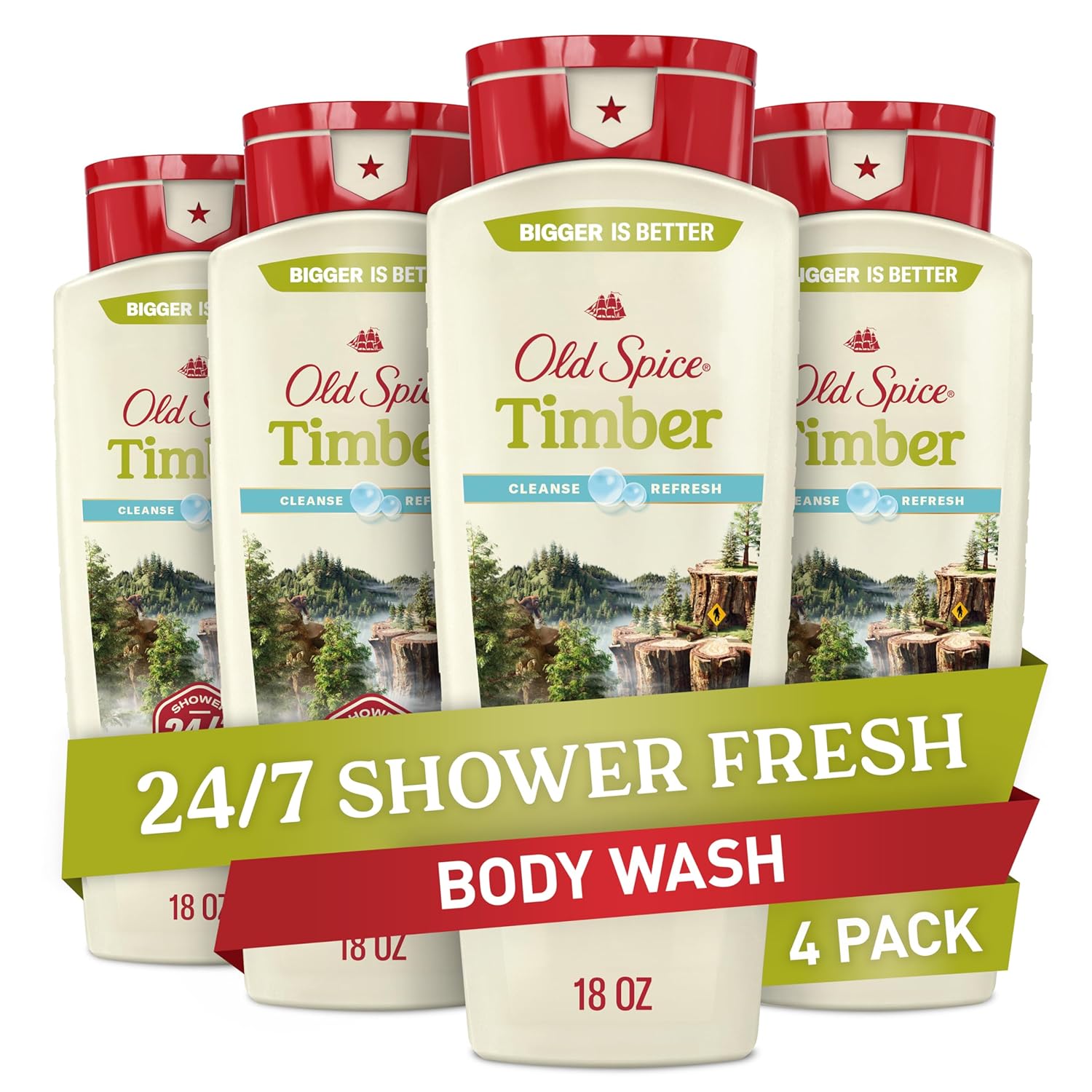 Old Spice 24/7 Shower Fresh body wash for men with a clear bottle, featuring a blue and white label and a pump dispenser.