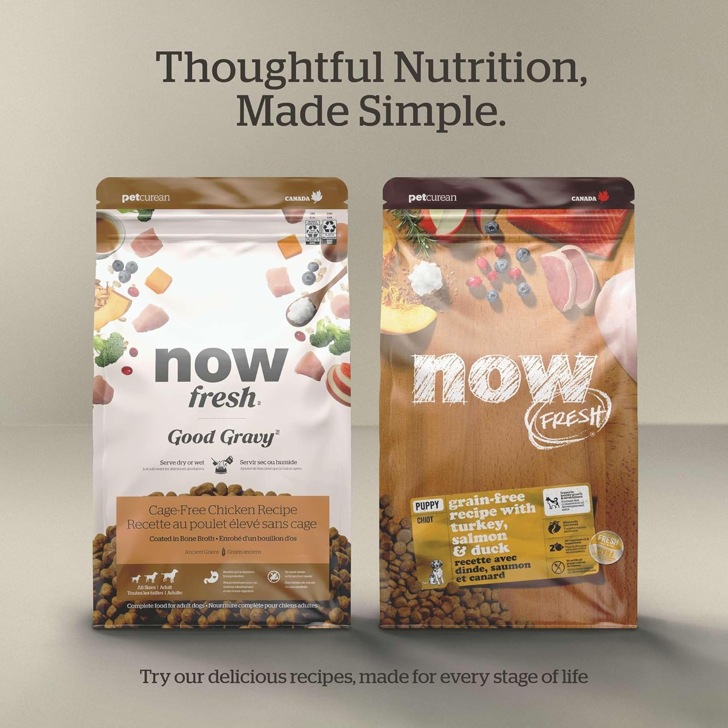 Now Fresh grain-free dry dog food bag featuring real turkey, salmon, and duck for senior dogs of all breeds, 3.5 lb.