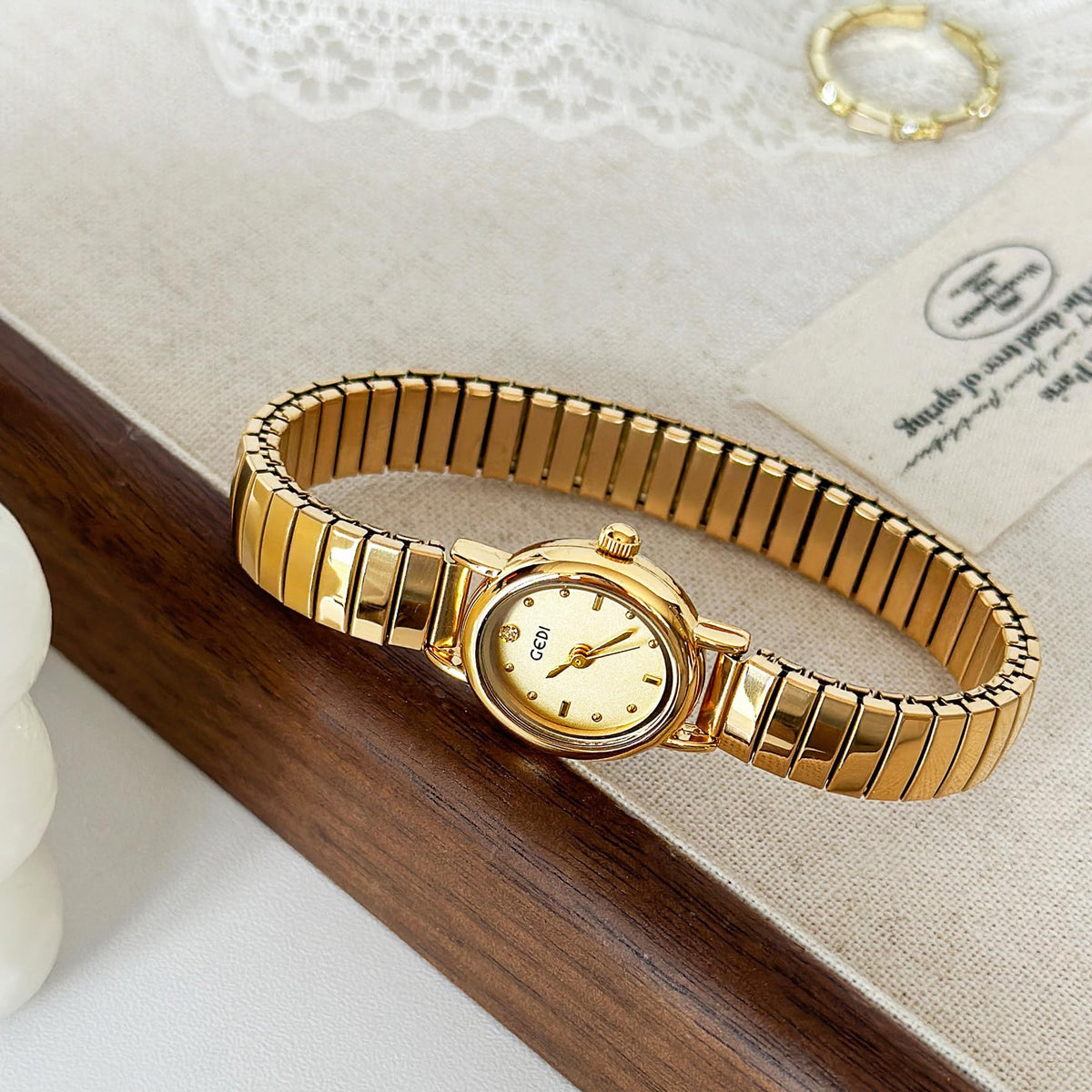 FANMIS Small Gold Watches for Women Oval Dial Leather Band - FANMIS Official Imagery - 5