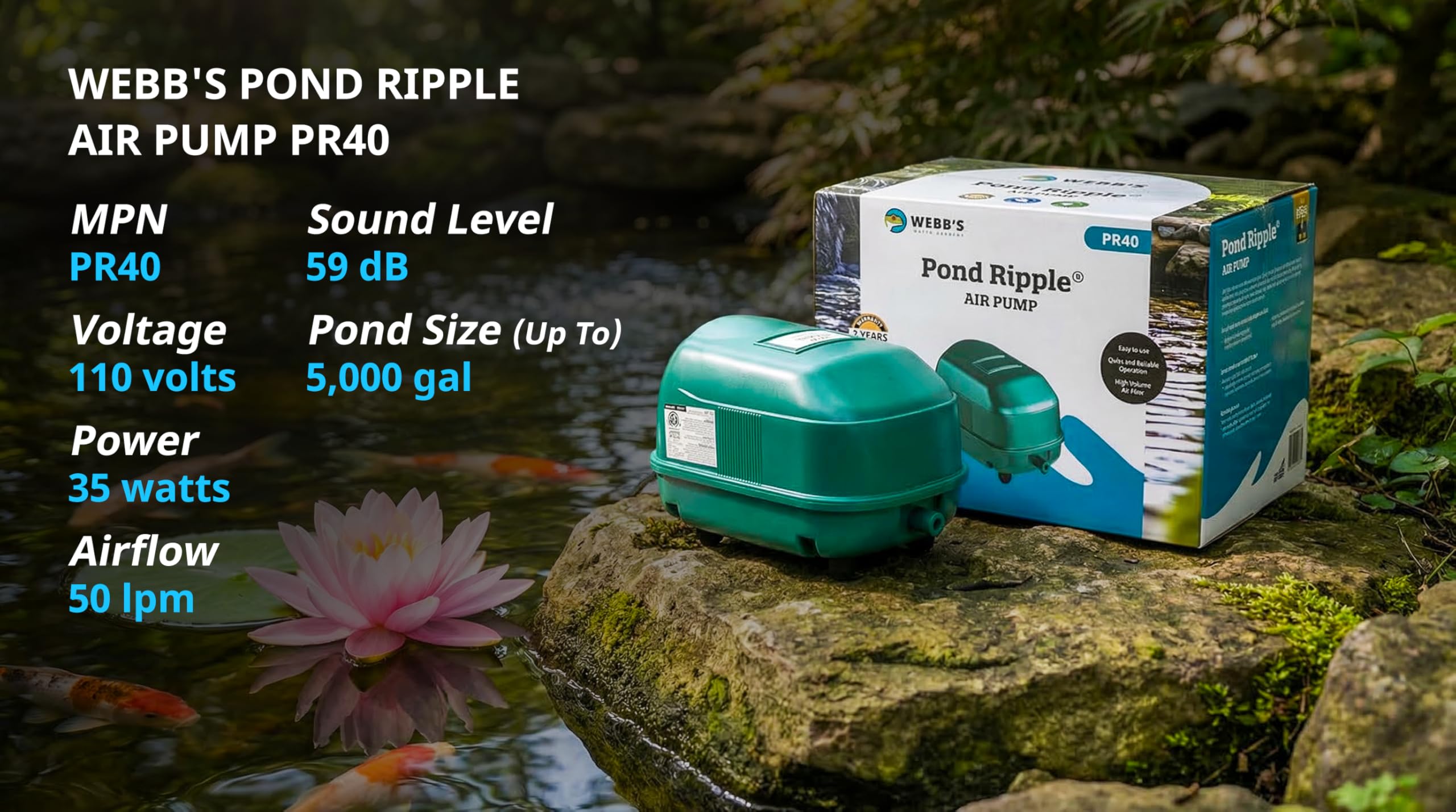 Webb's Water Gardens Webb's Pond Ripple Air Pump PR40, Aerate Pon - Webb's Water Gardens Official Product View 6