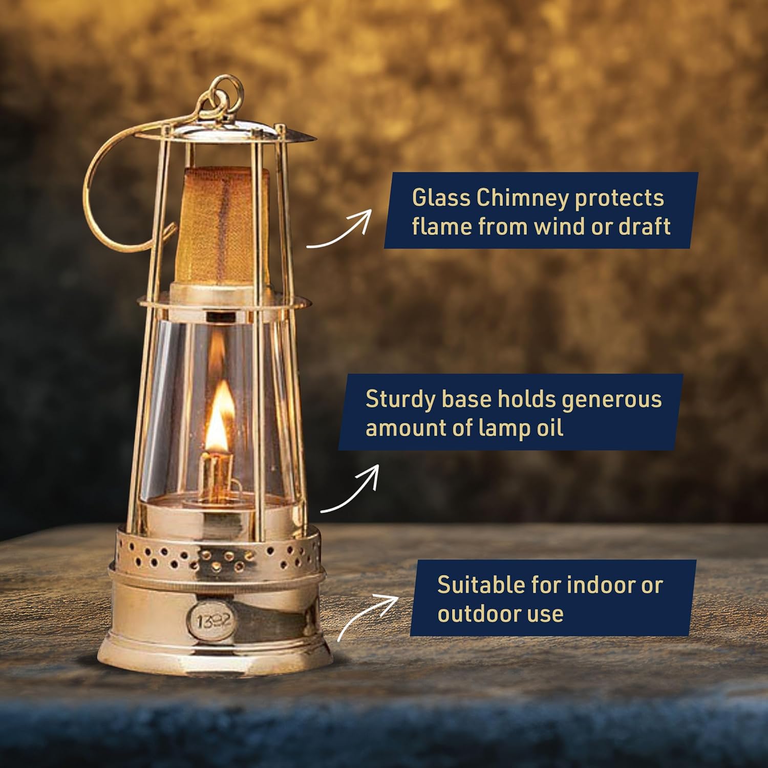 10-inch miners oil lamp with brass body and glass chimney, vintage-style Kings County Tools miner's lamp for ambient lighting