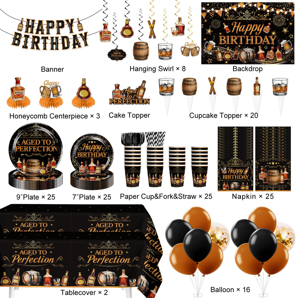 212PCS Aged to Perfection Birthday Decorations Men Serves 25 - Yingoto Official Imagery - 4