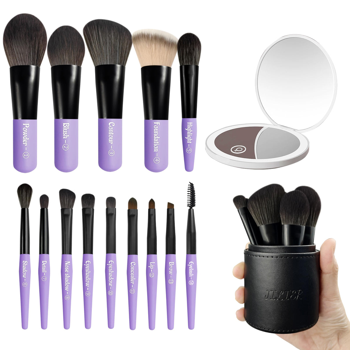 Jilier 14 pcs Mini Makeup Brushes and Pocket Mirror Travel - JILIER Official Imagery - 2