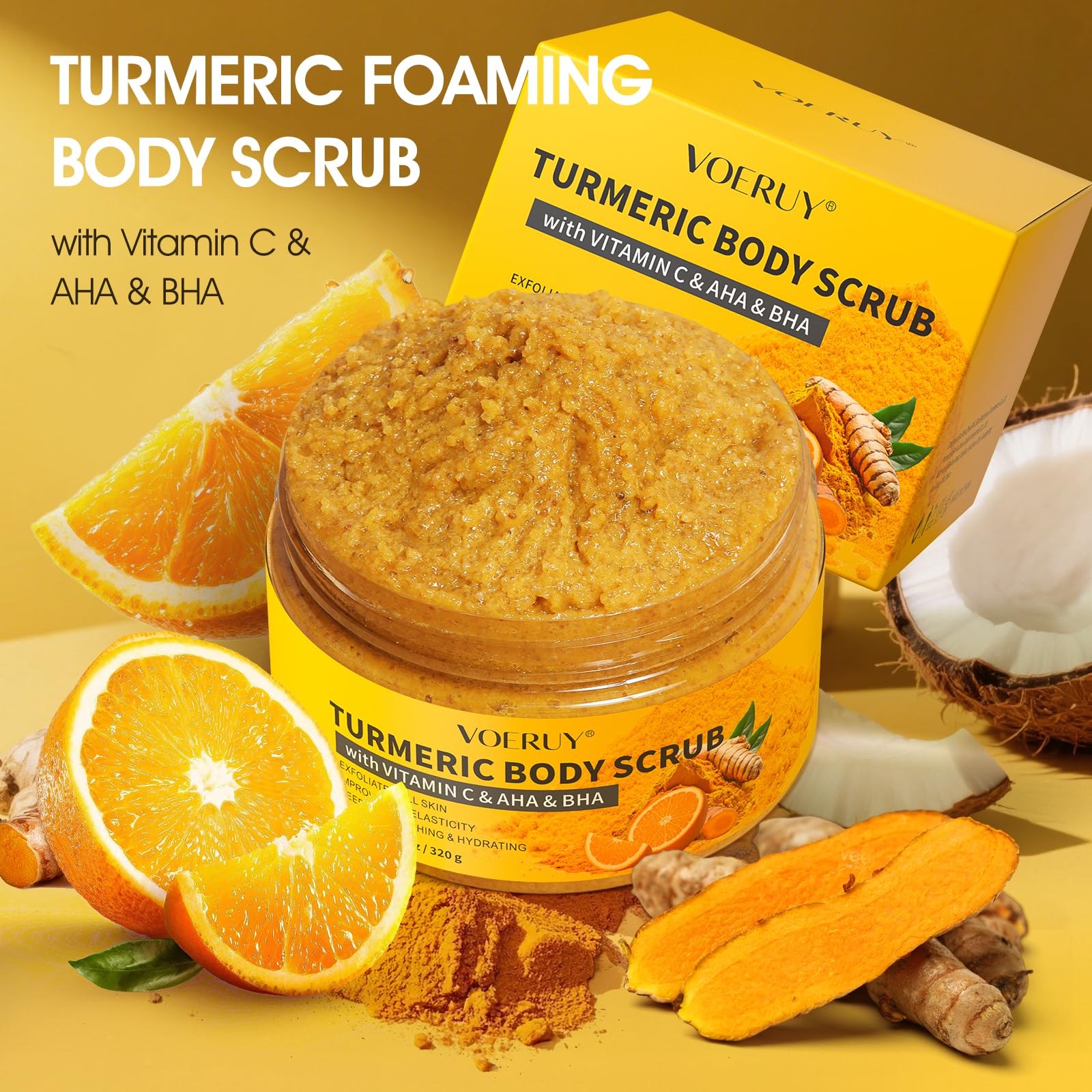 VOERUY Turmeric Body Scrub, 10% AHA - BHA & Vitamin C Exfoliating Body Scrub - VOERUY Official Product View 8