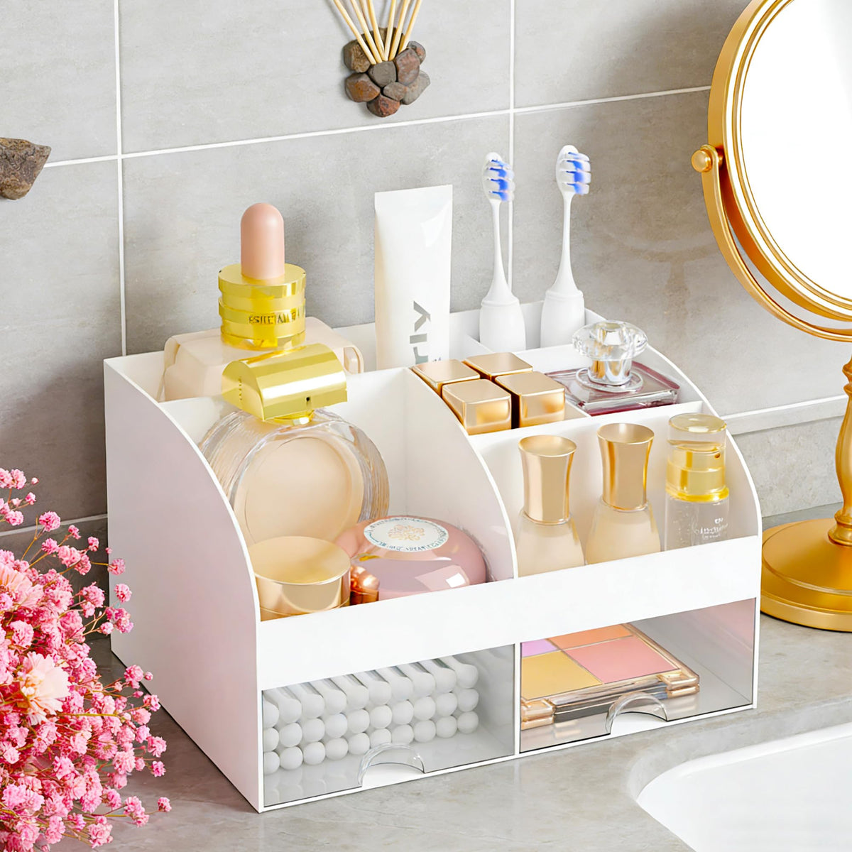 Makeup Organizer with 2 Drawers Countertop Cosmetic Storage - DIRZHX Official Product Imagery - 7