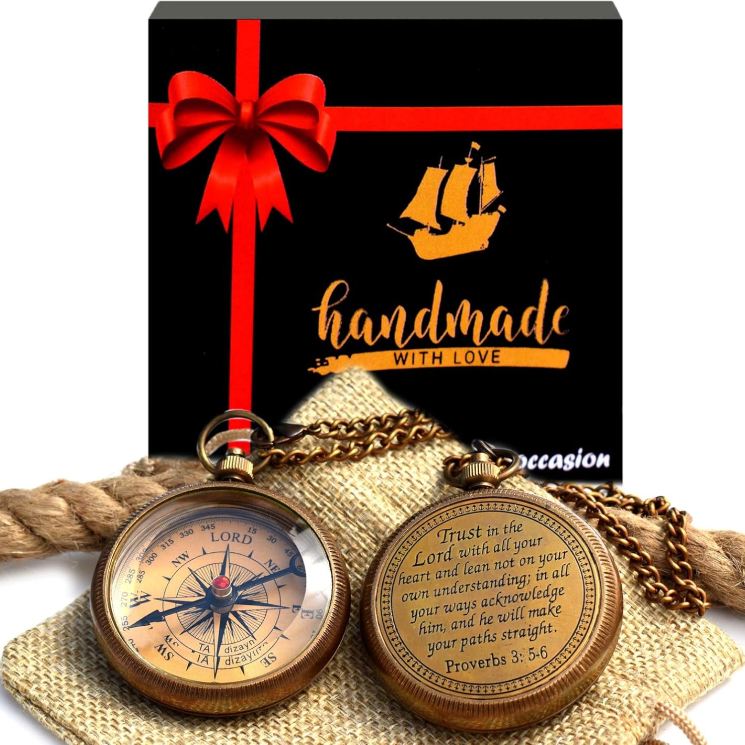 Engraved compass with "Trust in the Lord with All Your Heart" Proverbs 3:5-6 quote by TA dizayn, detailed metal design.