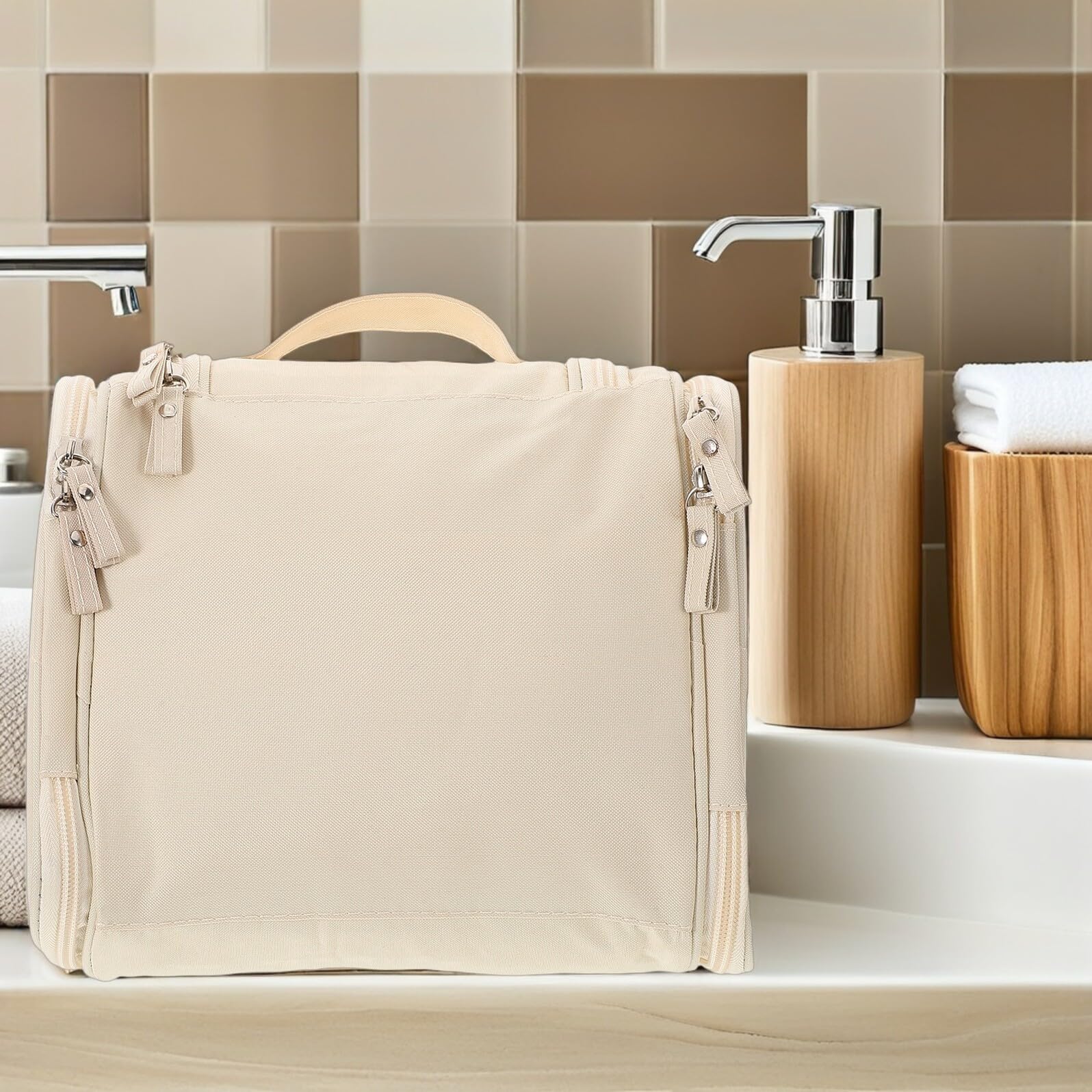 Wakauto Waterproof Large Toiletry Bag Handle, Beige Travel Makeup Organizer for Men and Women, Portable Cosmetic Storage Pouch for Bathroom and Shower Essentials