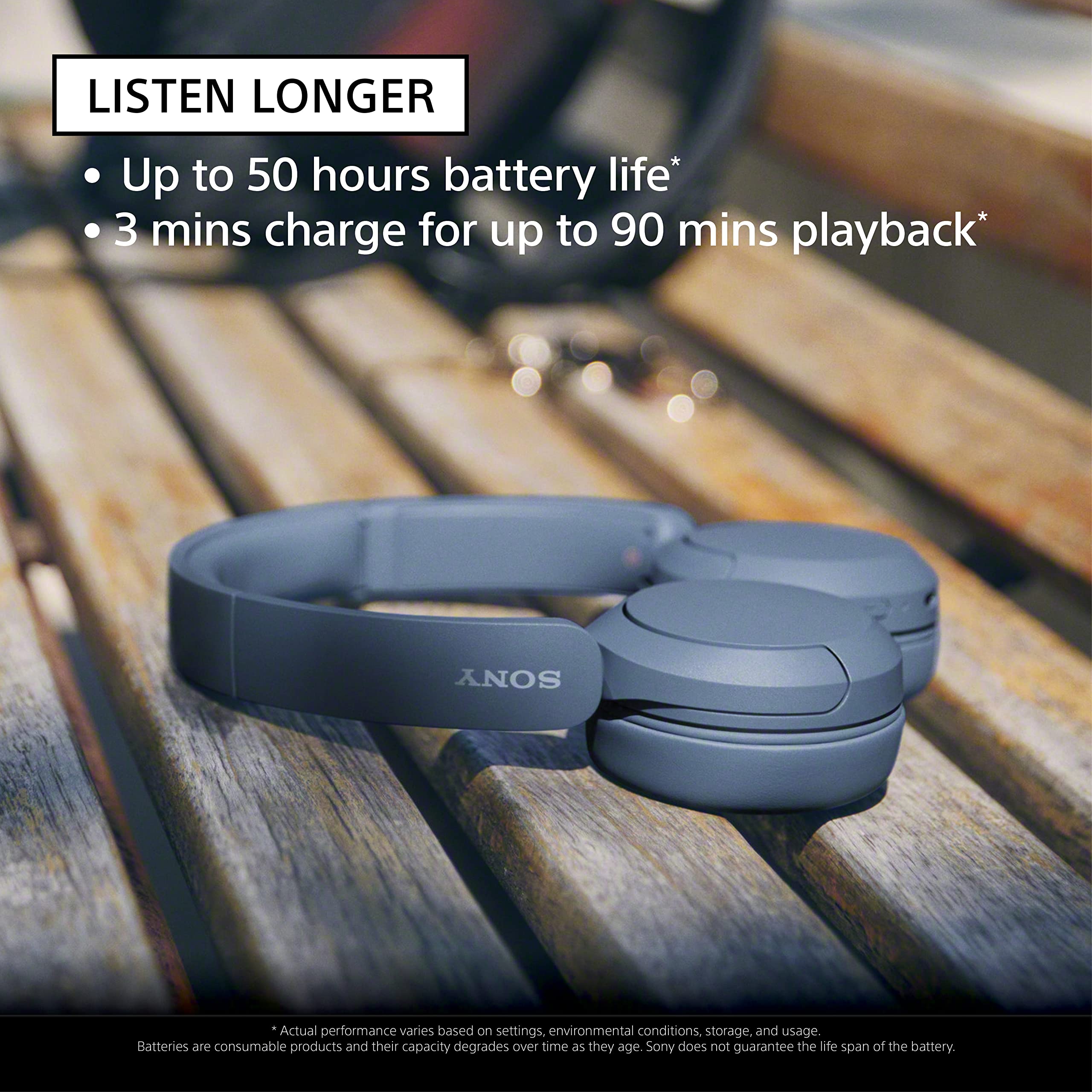 Sony WH-CH520 wireless on-ear Bluetooth headphones in blue with microphone, showing the sleek design and ear cushions.