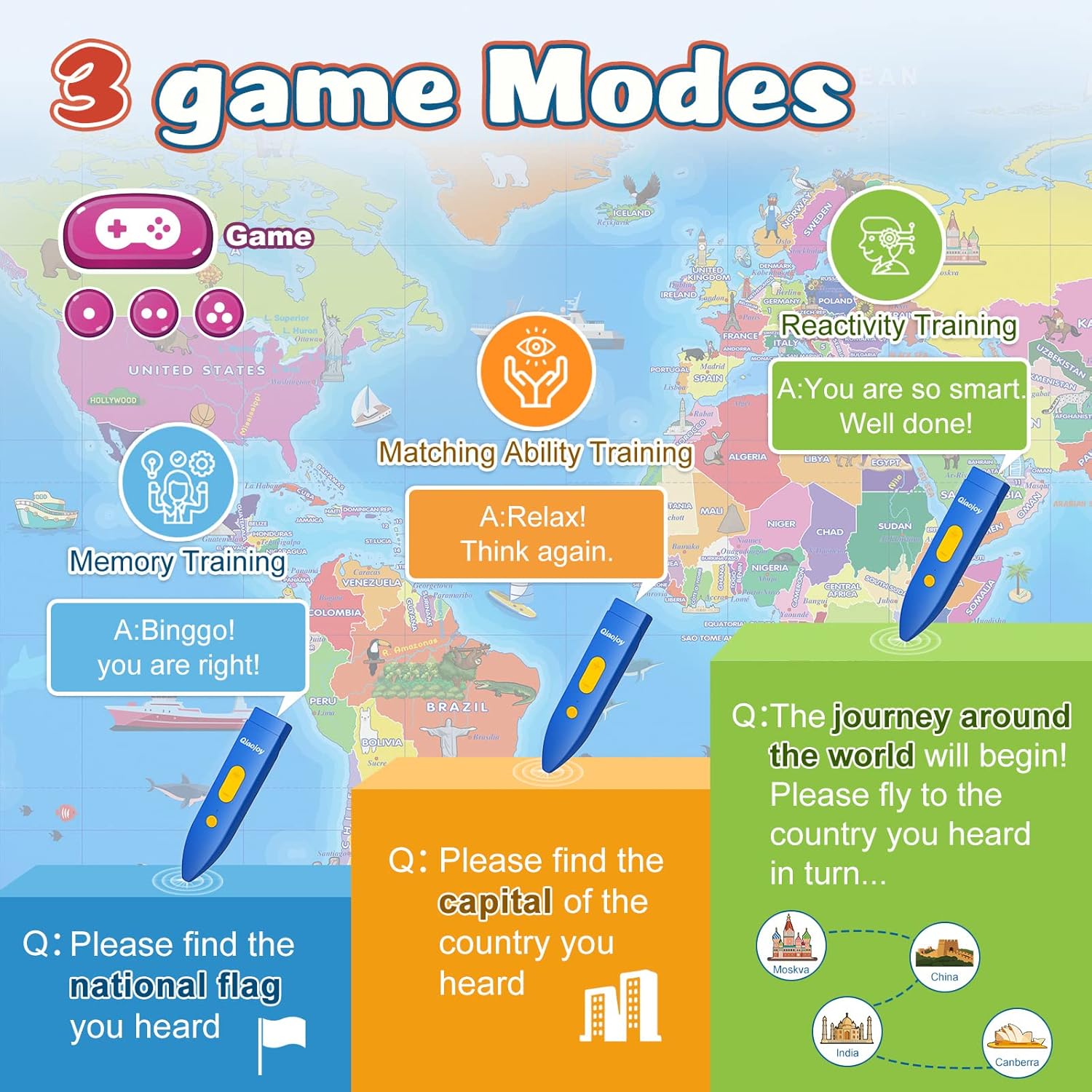Qiaojoy bilingual interactive world map for kids, showing colorful continents and country labels for educational learning.