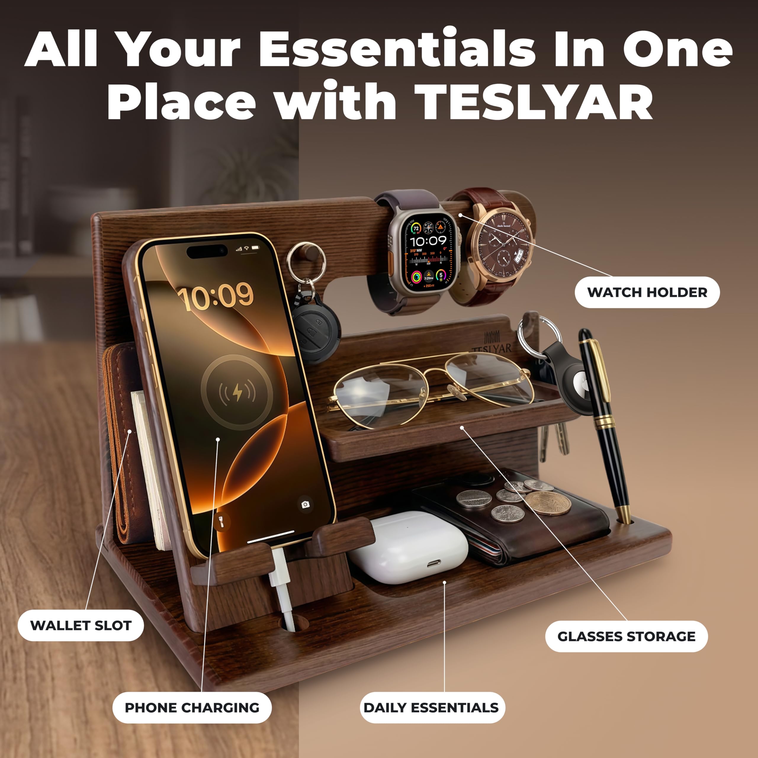 TESLYAR Wood Phone Docking Station for Men - Desk or Nightstand Organizer - Birt - TESLYAR Official Product View 4
