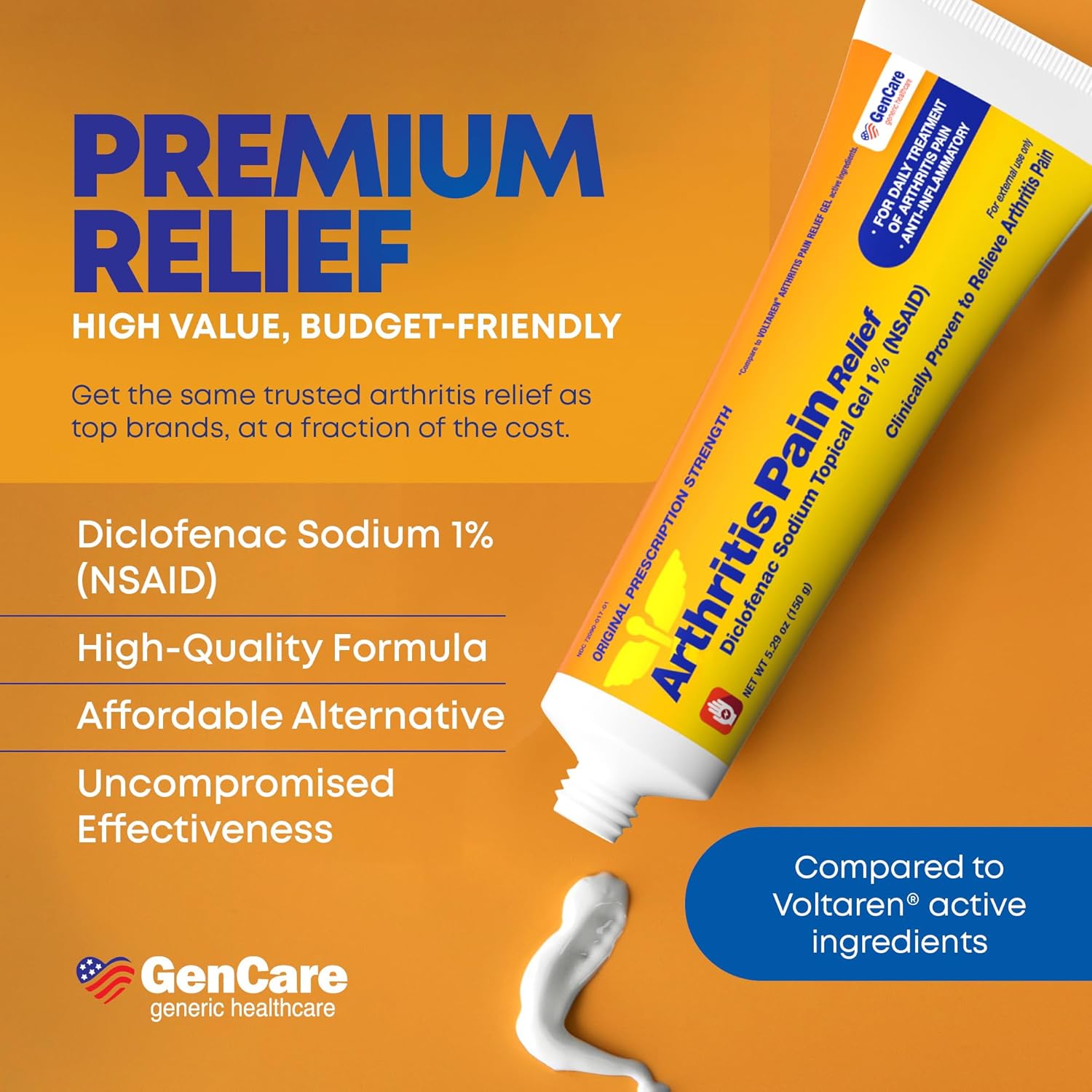 GenCare Arthritis Pain Relief Diclofenac Sodium 1% topical gel in a tube, used for reducing joint pain and inflammation.
