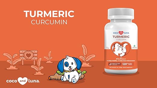 Coco and Luna turmeric chews for dogs, anti-inflammatory pain relief, 120 chewable tablets, featuring turmeric root supplement for pets.