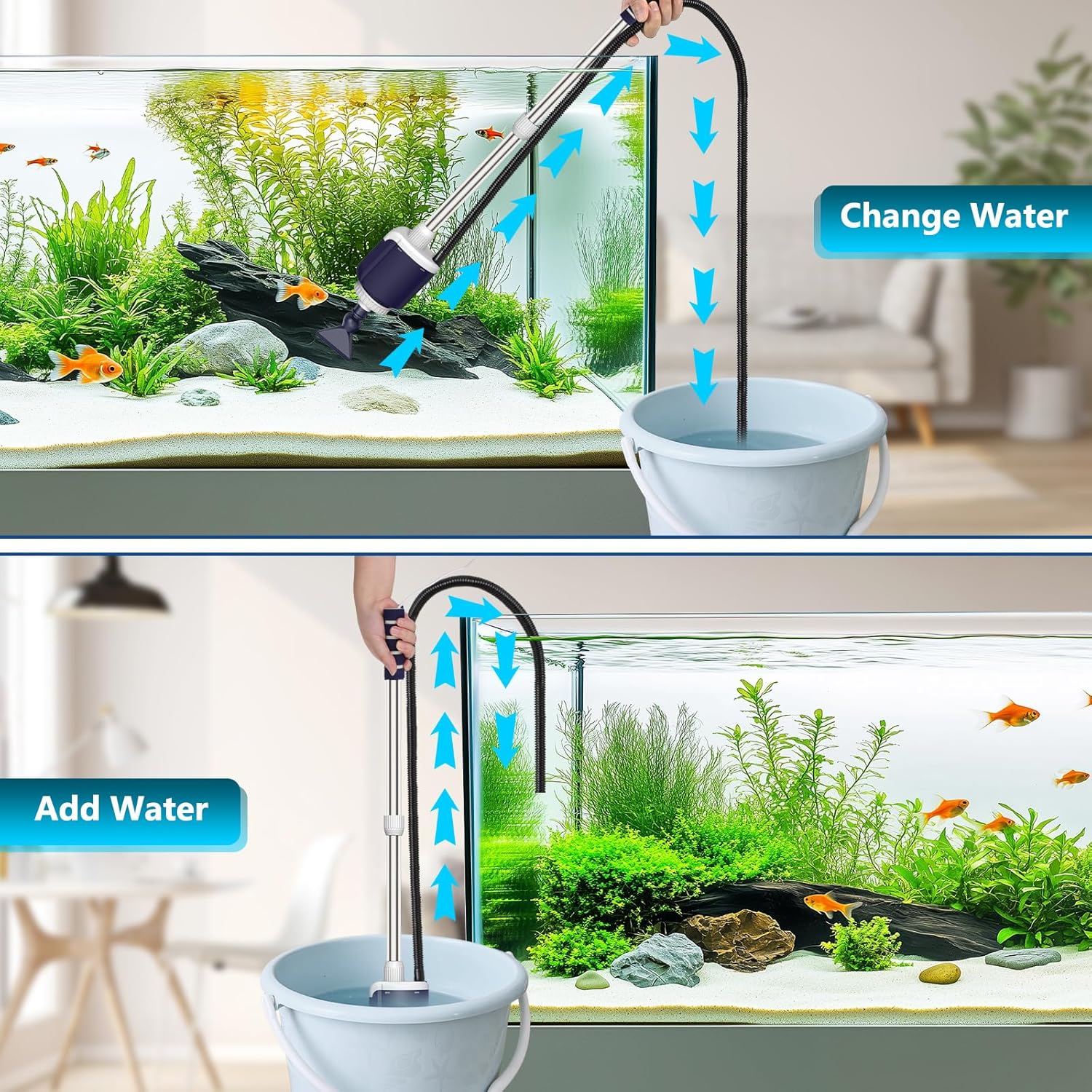 AQQA DC Fish Tank Cleaner electric aquarium water changer with 6-in-1 cleaning functions, designed for easy tank maintenance.