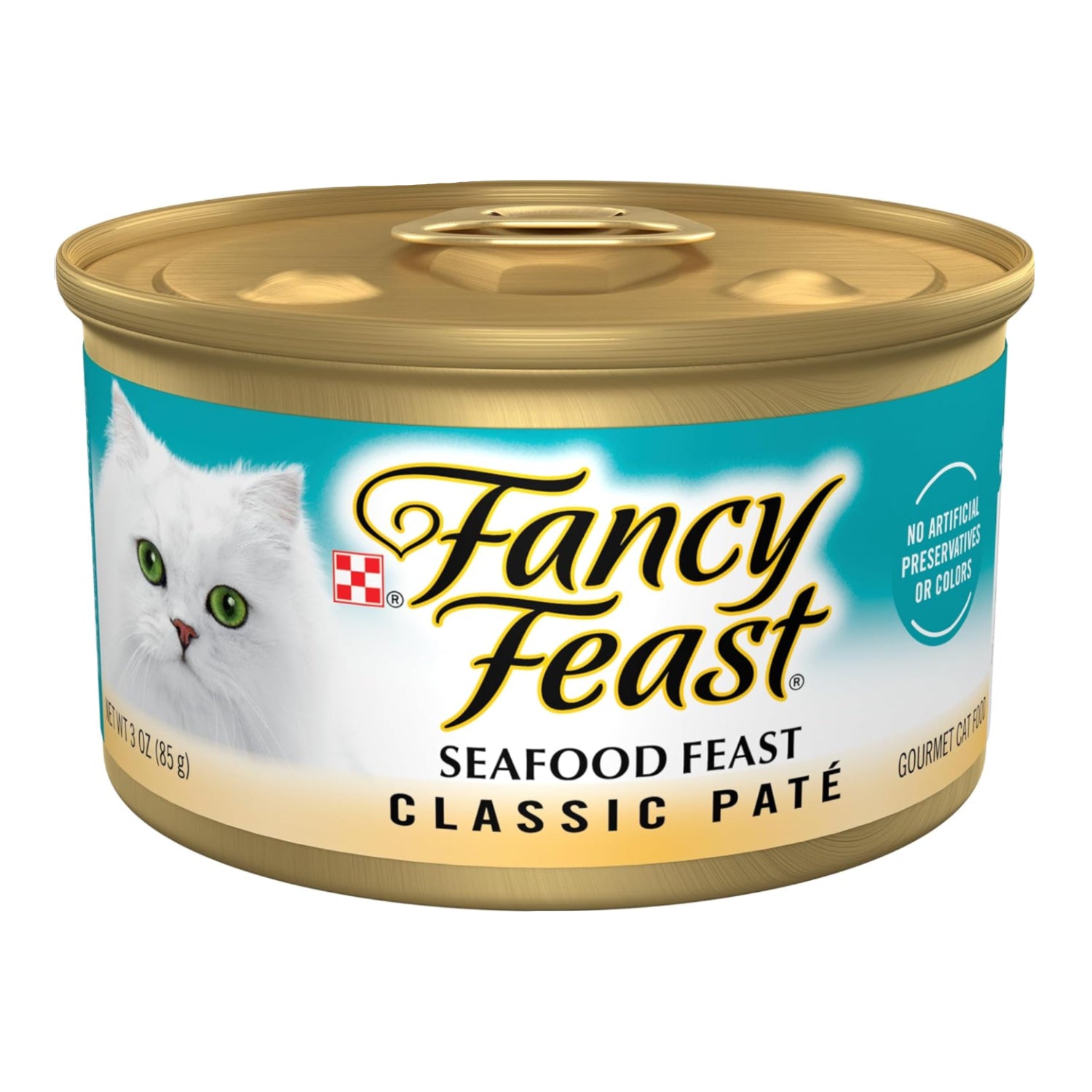 Four 3 oz. cans of Fancy Feast Seafood Feast Classic grain-free wet cat food pate, featuring seafood ingredients on the label.