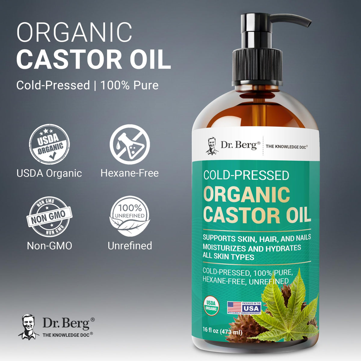 Dr Berg Organic Castor Oil 16 fl oz Cold Pressed Oil Pure - Dr. Berg Nutritionals Official Imagery - 3