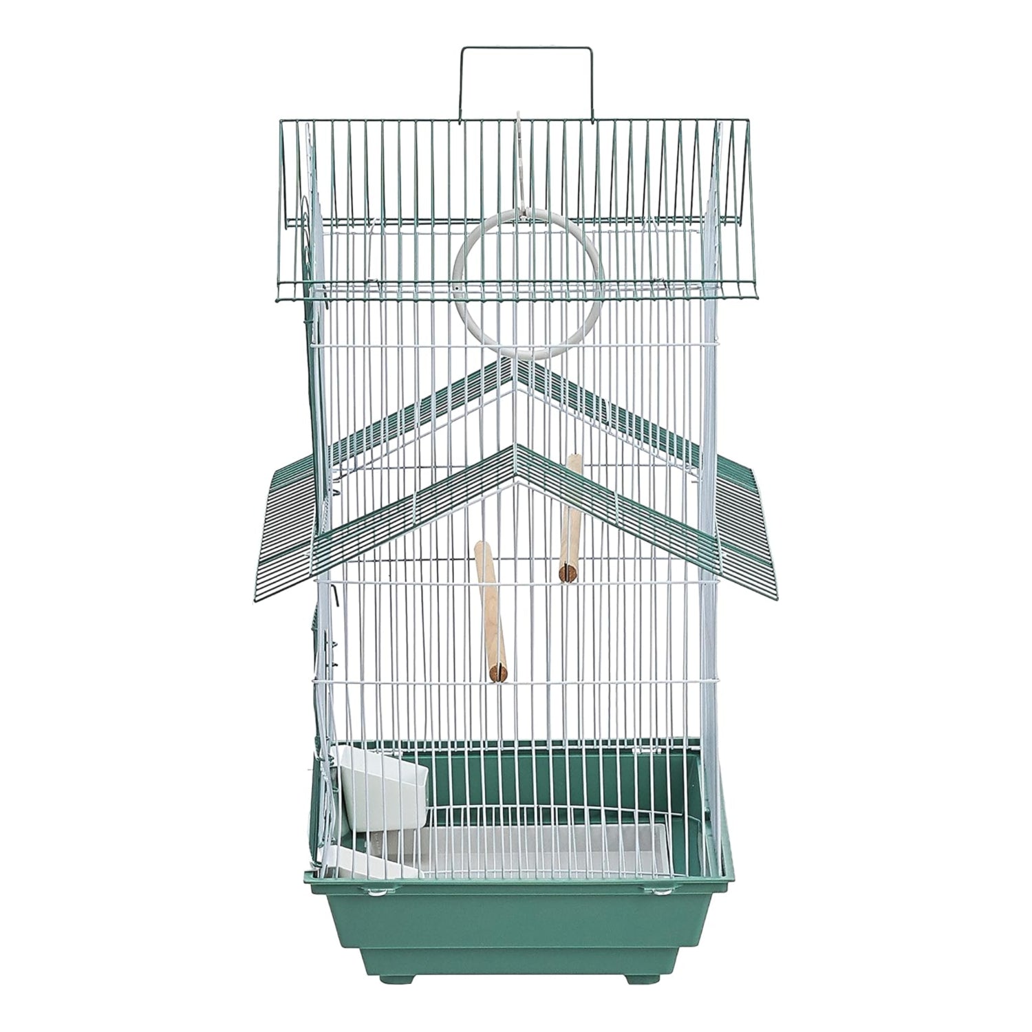 Prevue Hendryx Shanghai Parakeet Cage in green and white with multiple perches and feeding doors, suitable for small pet birds.