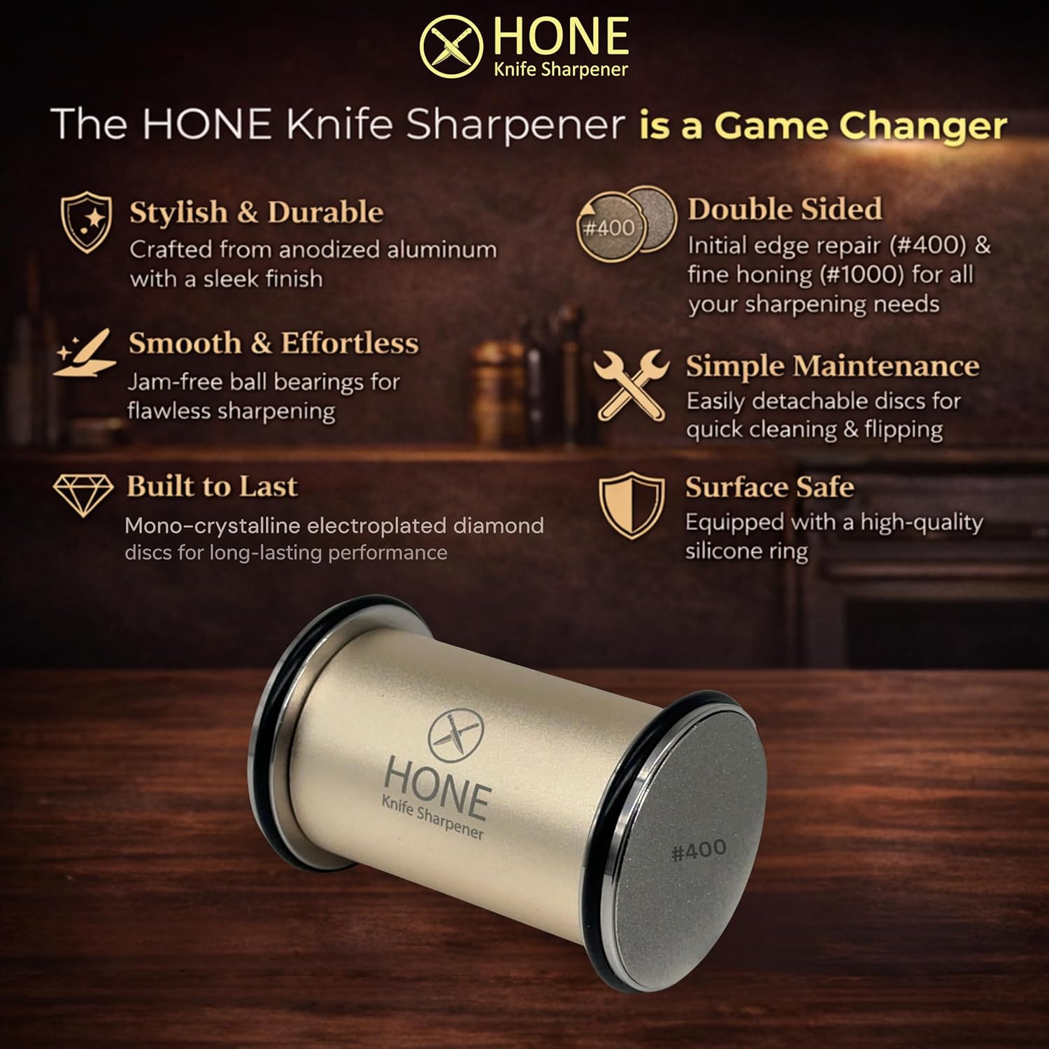 HONE Knife Sharpener with ball bearings, Canadian-engineered kitchen rolling knife sharpener for precise blade sharpening.