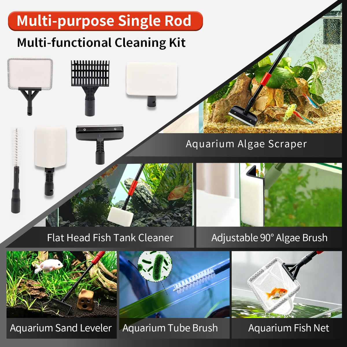 UPETTOOLS Aquarium Clean Tool 6 in 1 Fish Tank Cleaning Kit - UPETTOOLS Official Imagery - 3