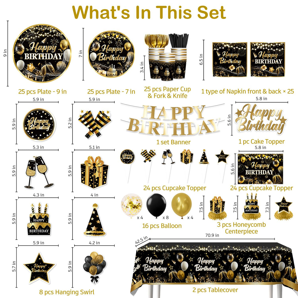 206pcs Black and Gold Birthday Decorations Men Set for 25 - Yingoto Official Imagery - 4