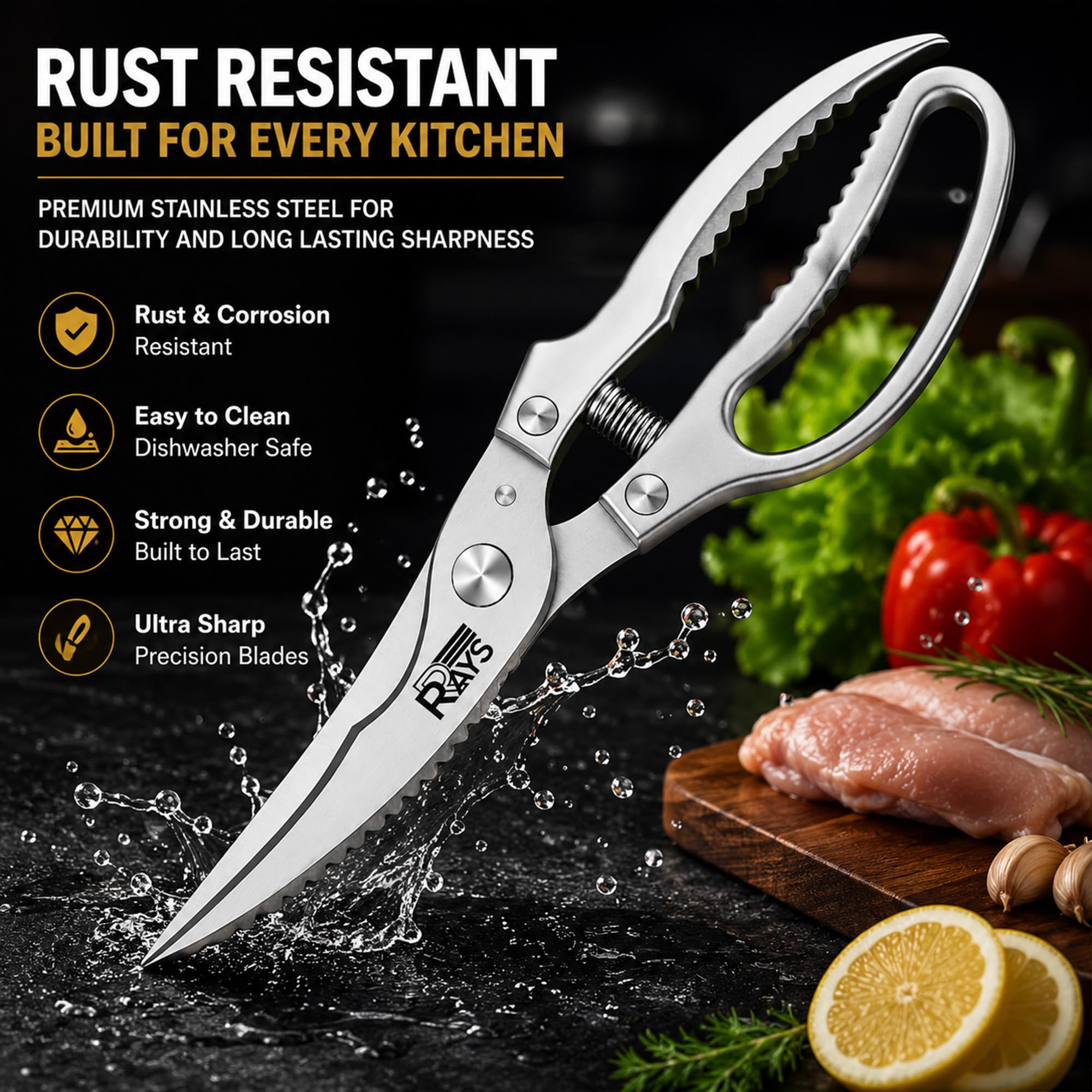 RRAYS Heavy Duty Poultry Shears, Spring Loaded Kitchen Scissors for Ch - View 7