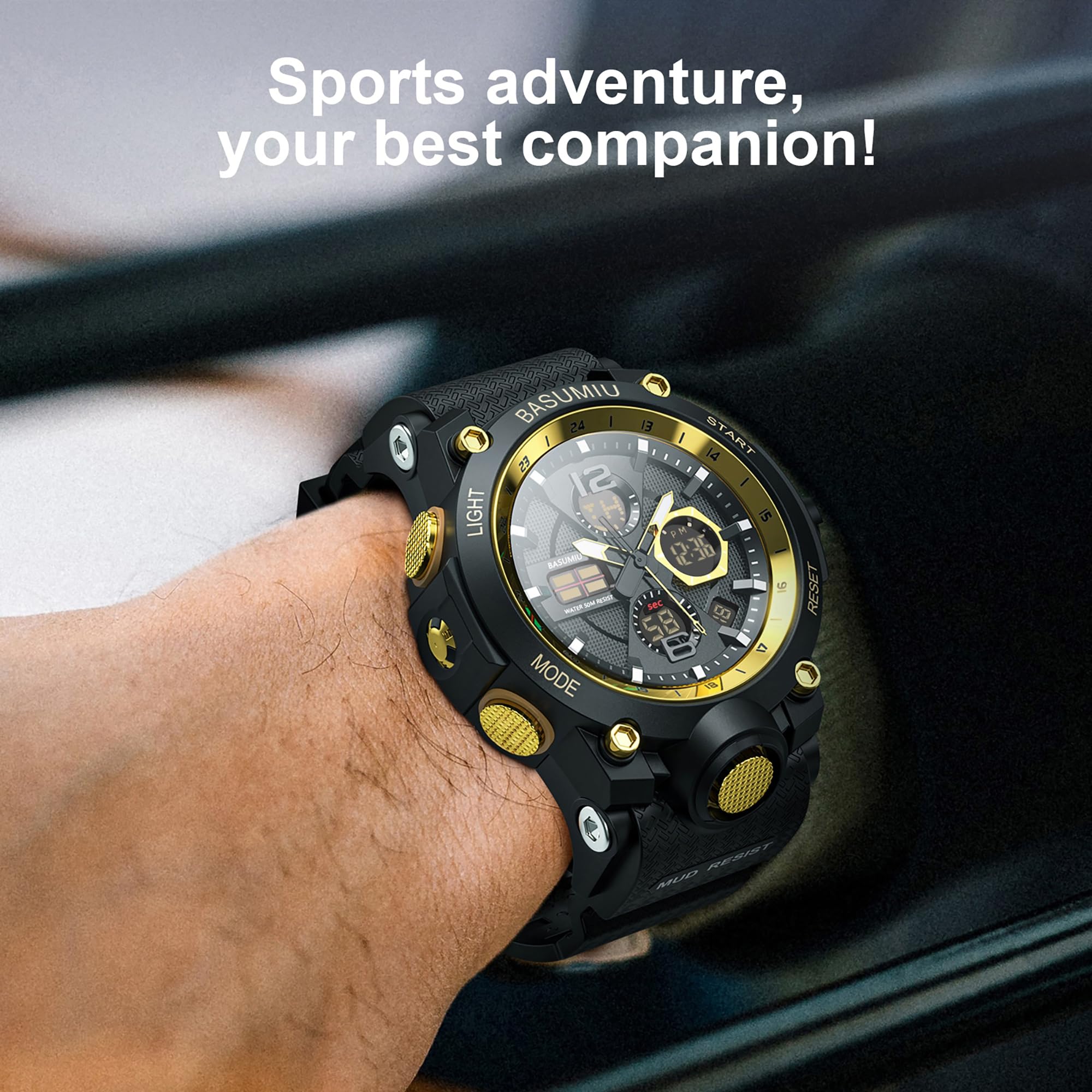 BASUMIU Men's Tactical Sports Watch – Dual Display, Waterproof