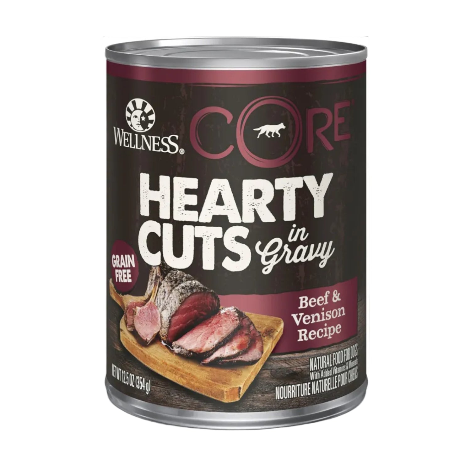 Cans of Wellness CORE Hearty Cuts natural wet grain-free dog food with chunks of meat and vegetables in savory gravy.