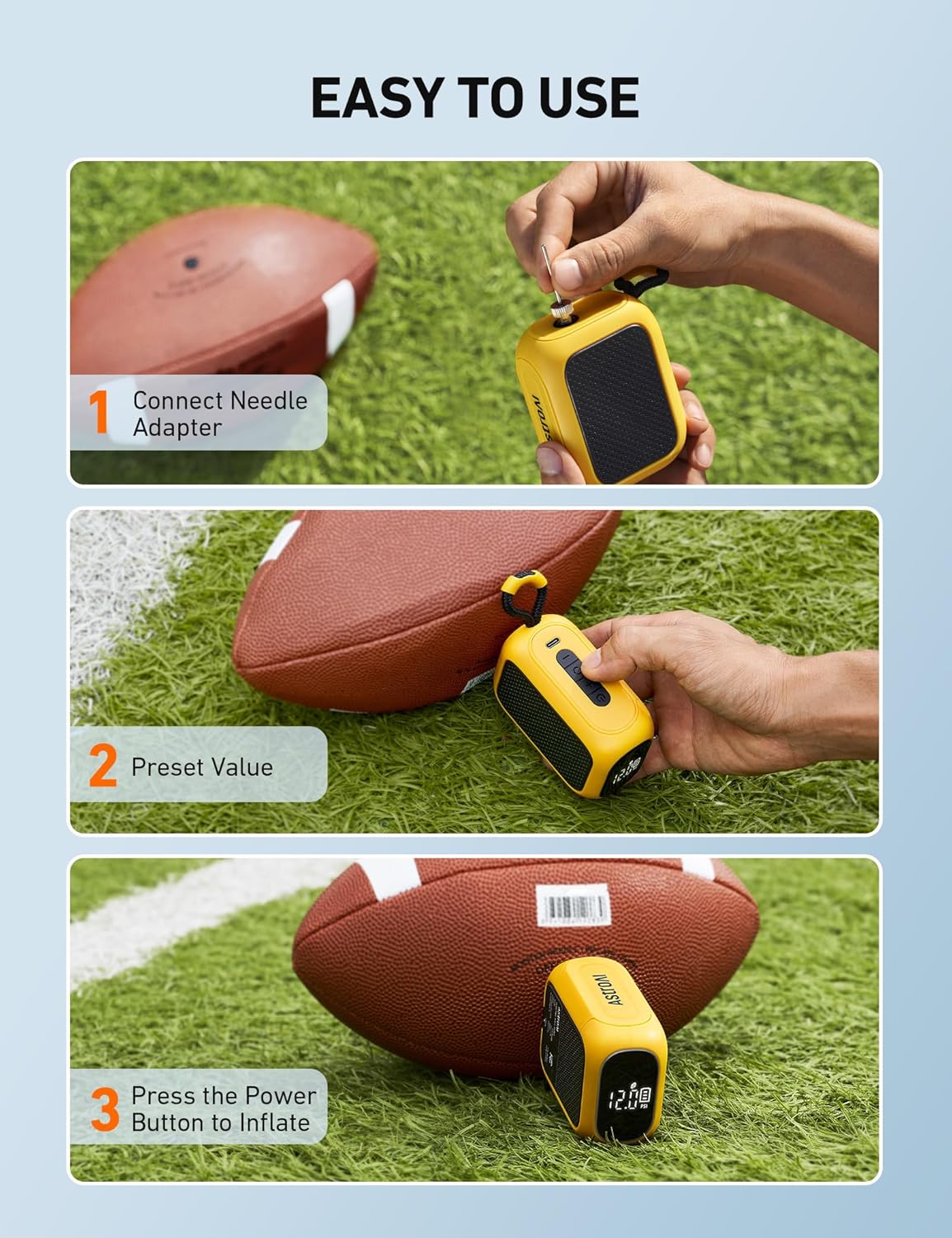 AstroAI portable electric ball pump with digital LCD display for fast inflation of sports balls and inflatables