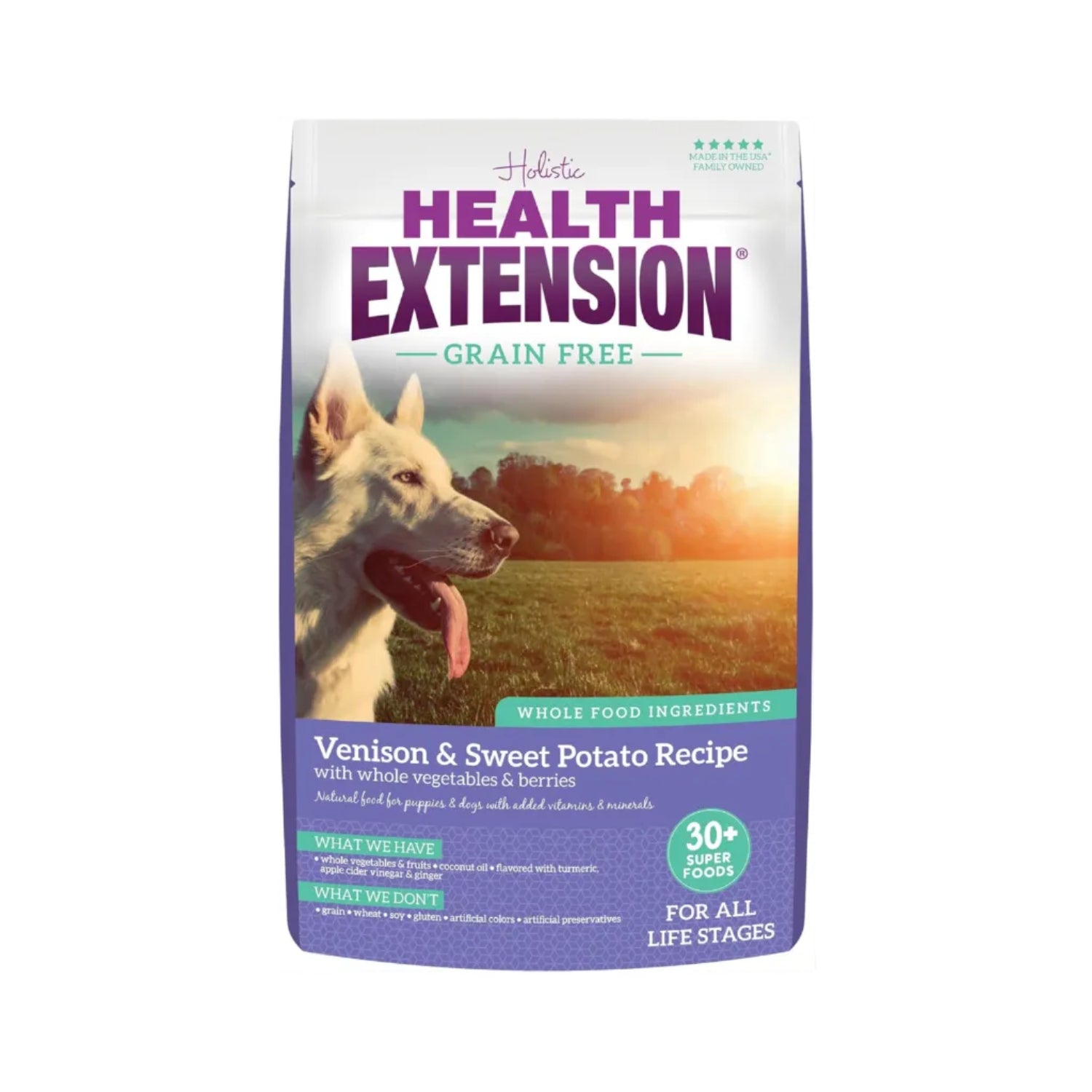 Health Extension dry dog food bag featuring venison and sweet potato recipe with vegetables and berries for puppies.