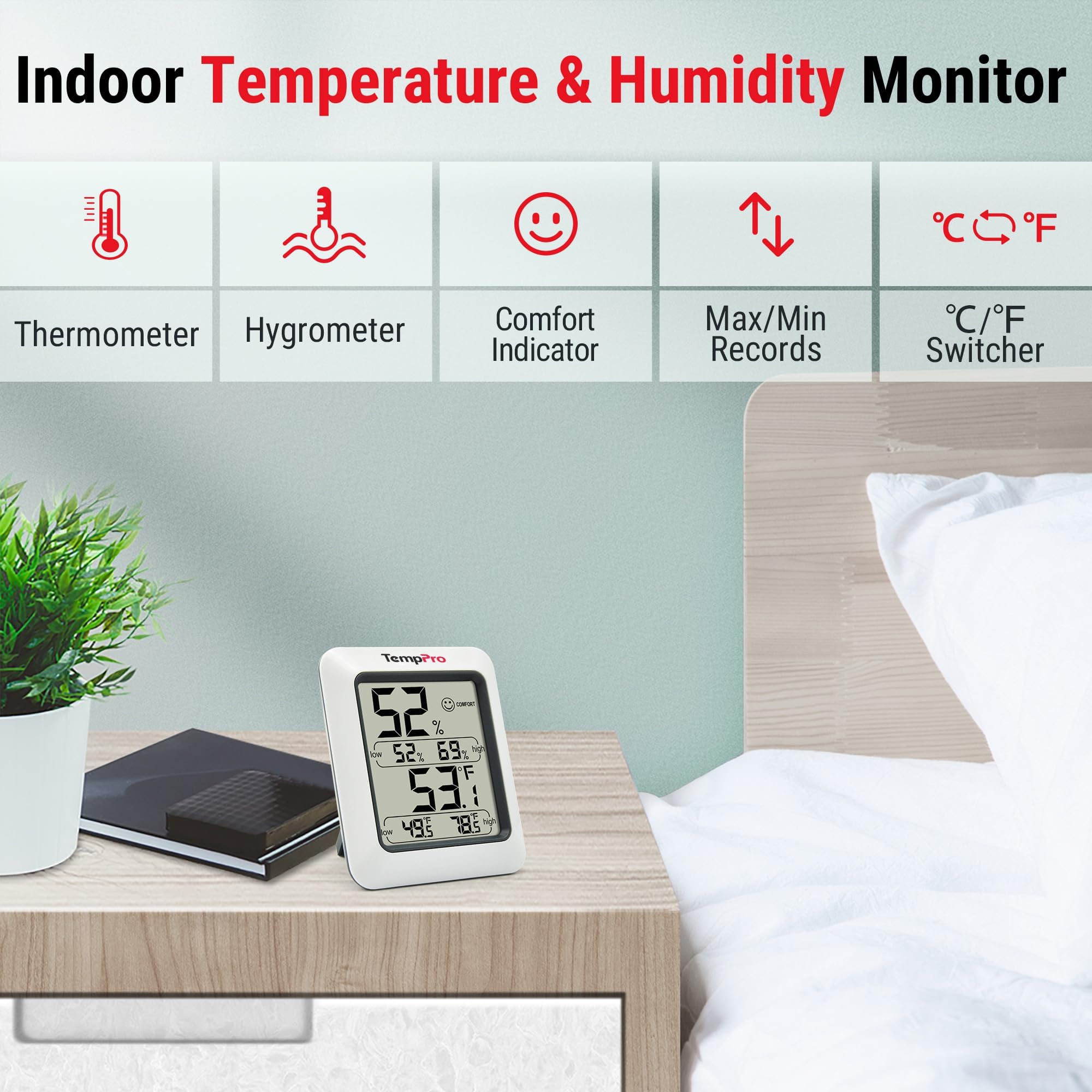 TempPro TP50 Digital Hygrometer Indoor Thermometer Room Thermomet by TempPro - Angle View 6