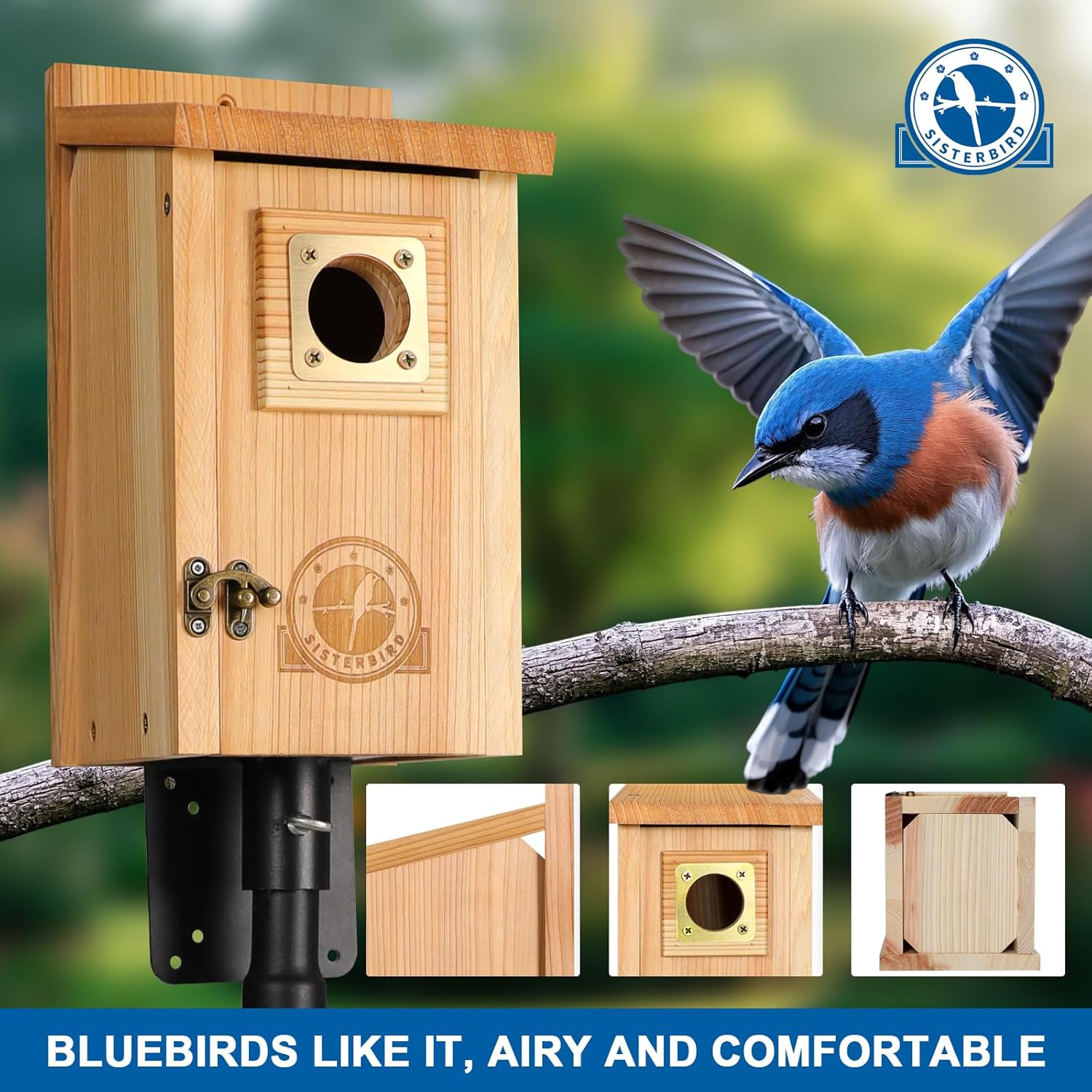 Two cedar outdoor bird houses with copper guards for outside use, designed for bird nesting and outdoor birdwatching.