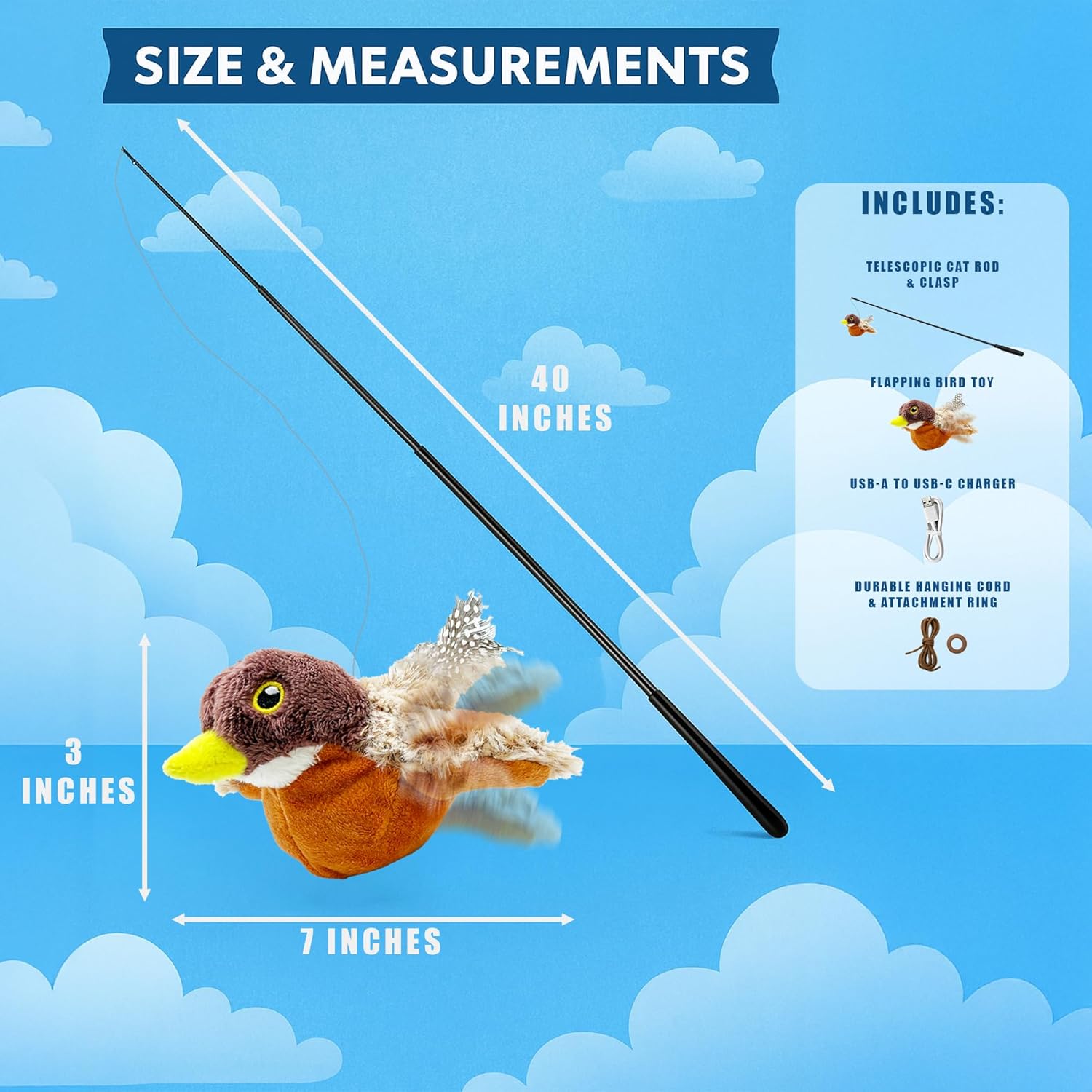 Lila Layers Cat Toys Flapping Bird toy mimics a real bird with chirping sound, rechargeable and no flying feature for feline play.
