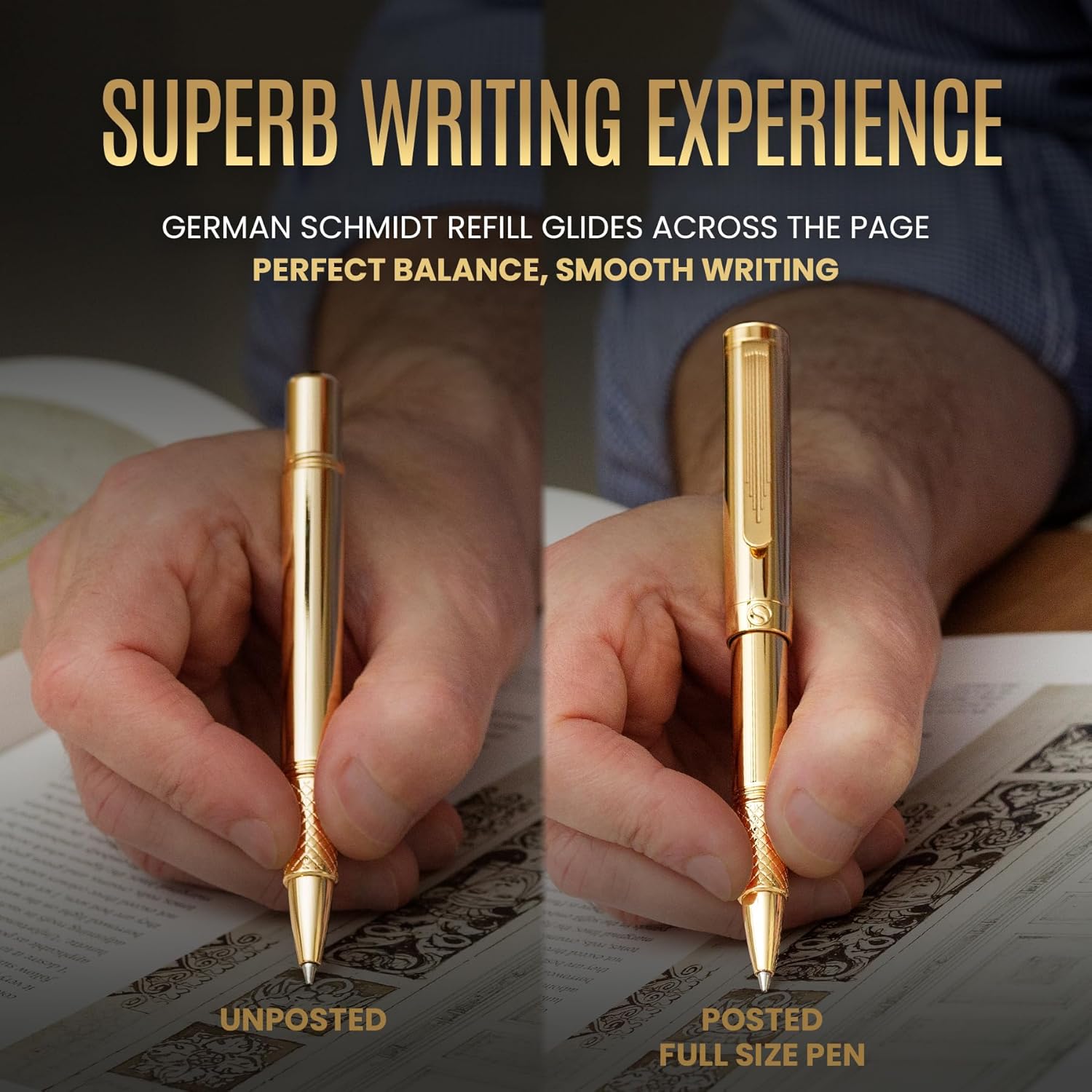 Scriveiner heavy gold rollerball pen with gold plating, compact luxury pocket pen, award-winning writing instrument.