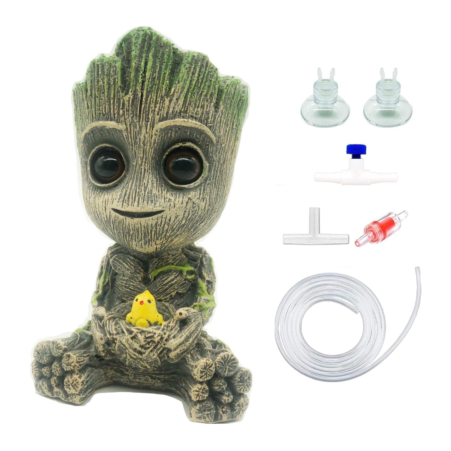 AnxunJim Aquarium Groot Air Bubbler Decorations with fish tank air stone set, featuring Groot-themed underwater bubble ornaments.