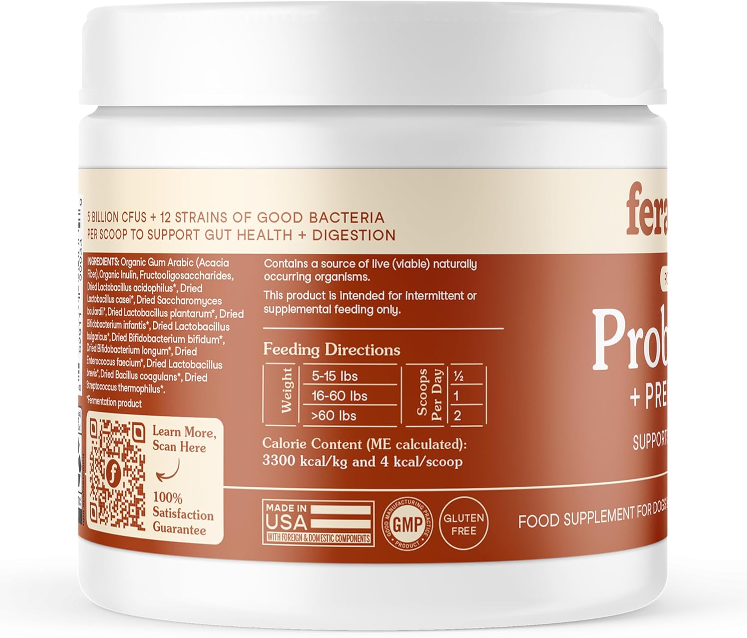Fera Pets probiotics for dogs and cats with prebiotics, USDA organic, supporting energy and healthy skin and coat, 60 scoops