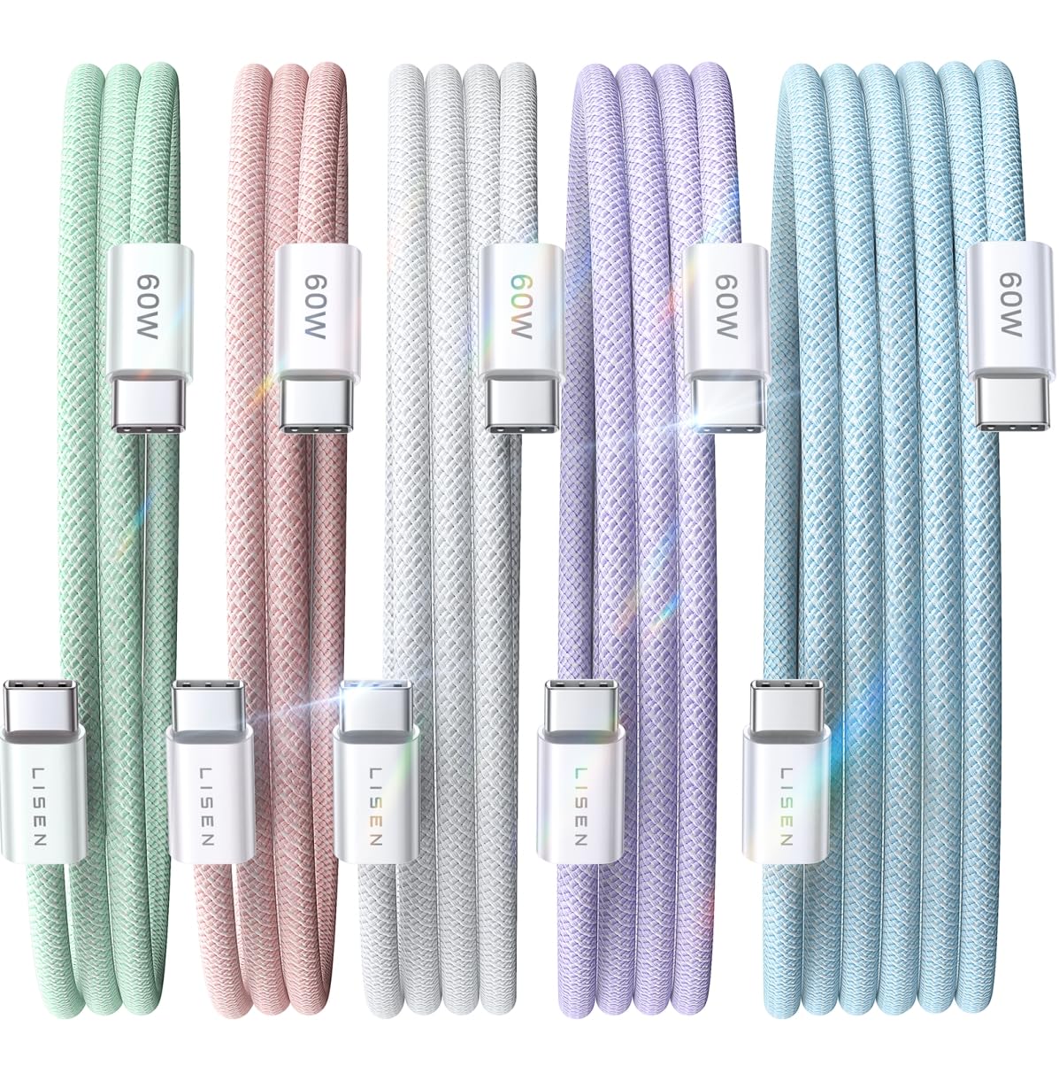 LISEN USB C cable 5-pack with 3.3, 6.6, and 10ft cords for fast charging Samsung, iPad, MacBook, and iPhone 15 Pro Max.