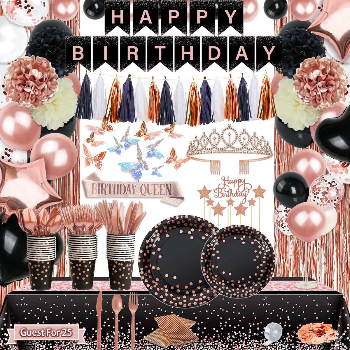 Guudmua 295 Pcs Black And Rose Gold Birthday Decorations - Guudmua Official Imagery - 1