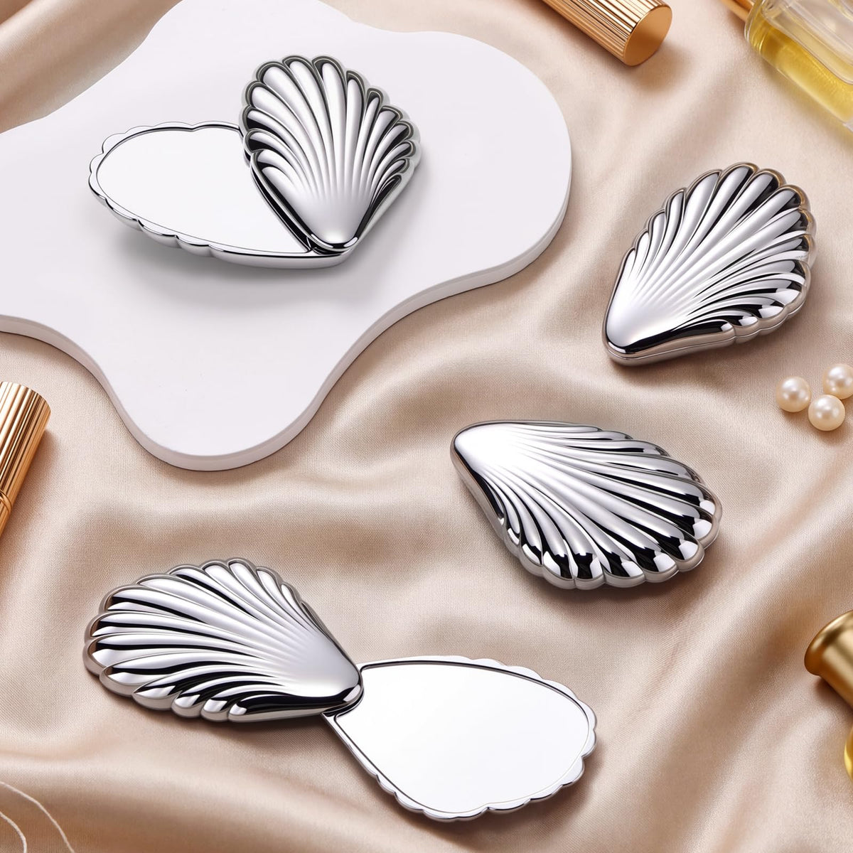 RattanView 4 Pcs Seashell Mini Silver Compact Mirror for - RattanView Official Imagery - 2