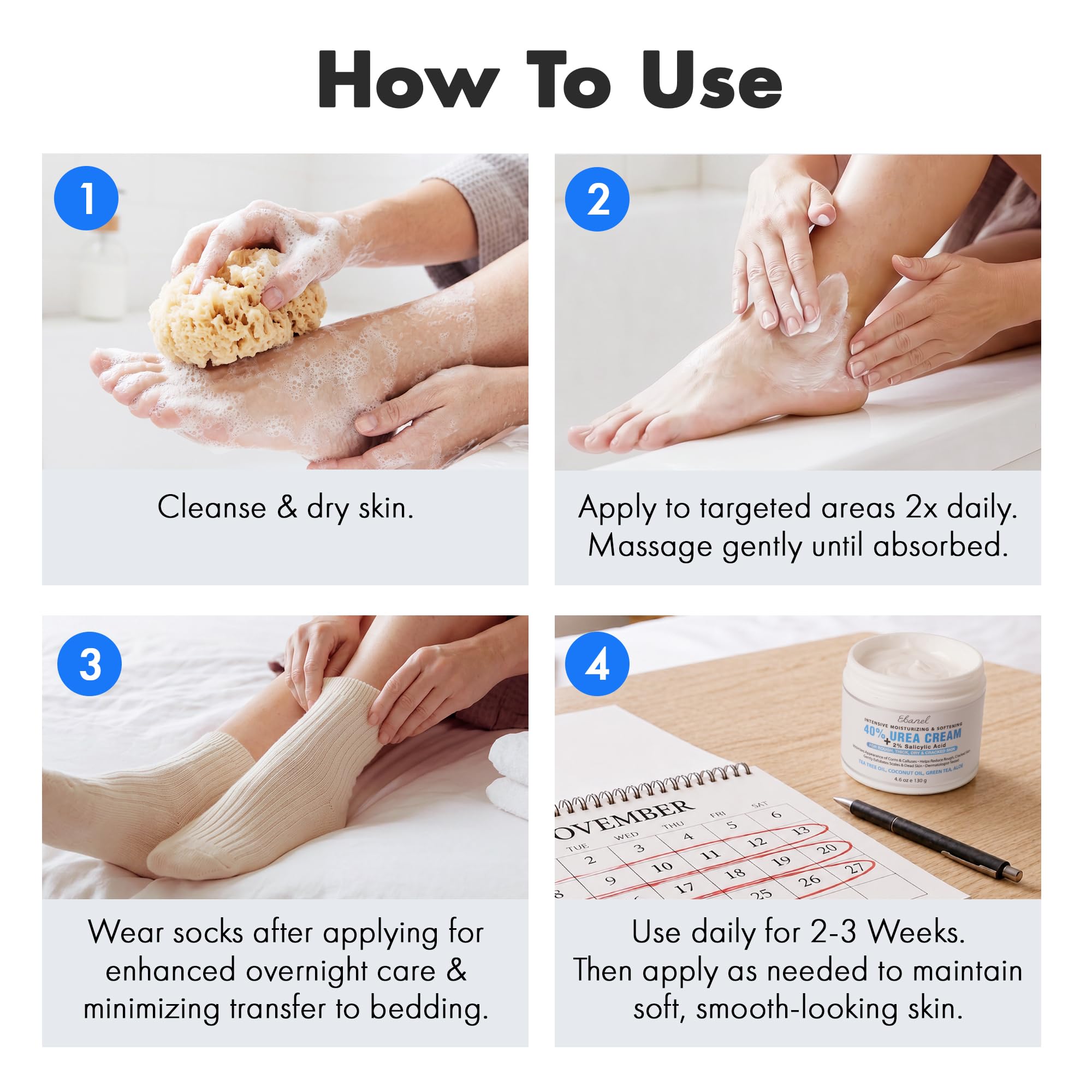 Ebanel Urea 40% moisturizing cream for dry, cracked feet and heels in a 4oz jar showing the product container.