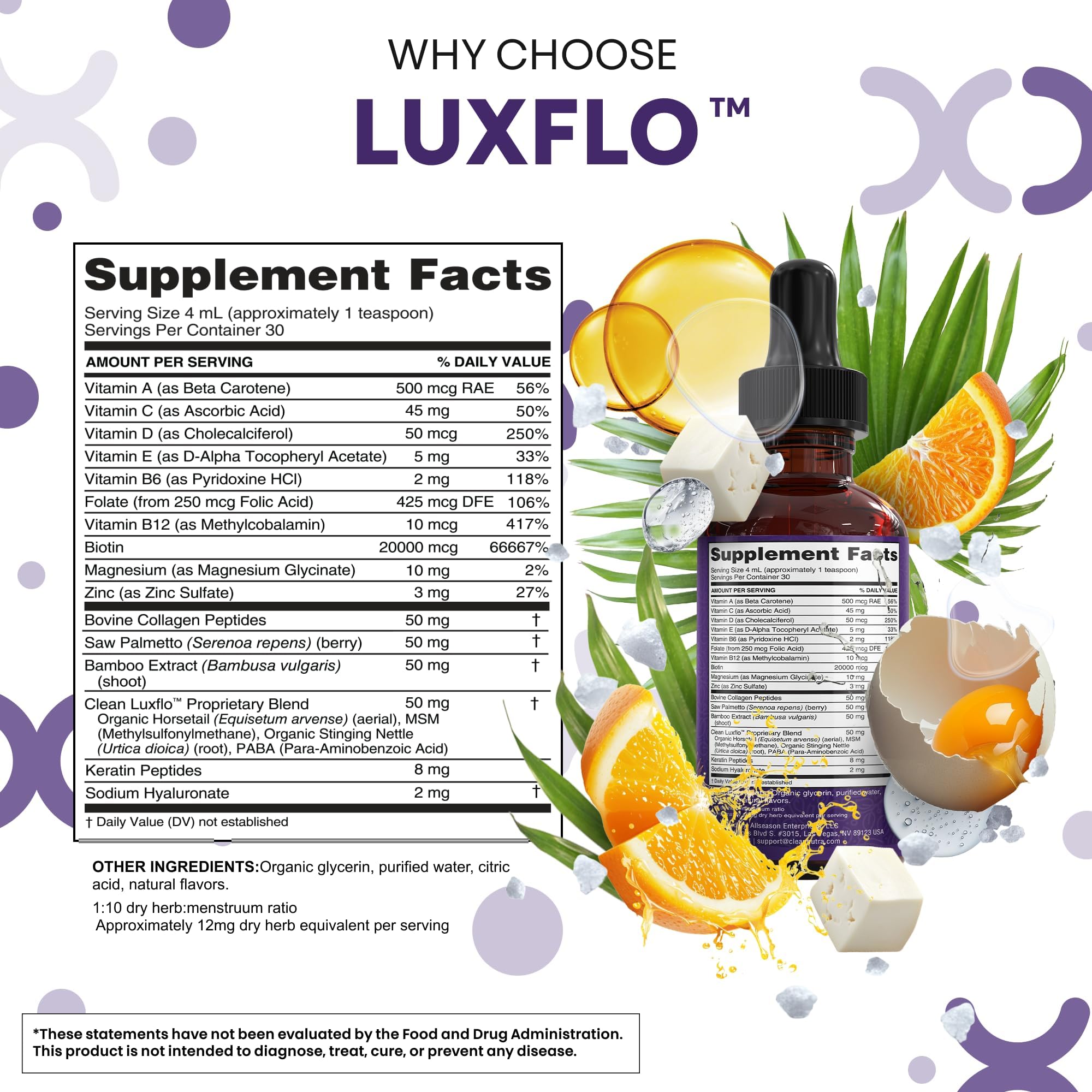 Liquid Biotin Collagen Keratin Hyaluronic Acid Saw Palmetto - Clean Nutraceuticals Official Imagery - 5