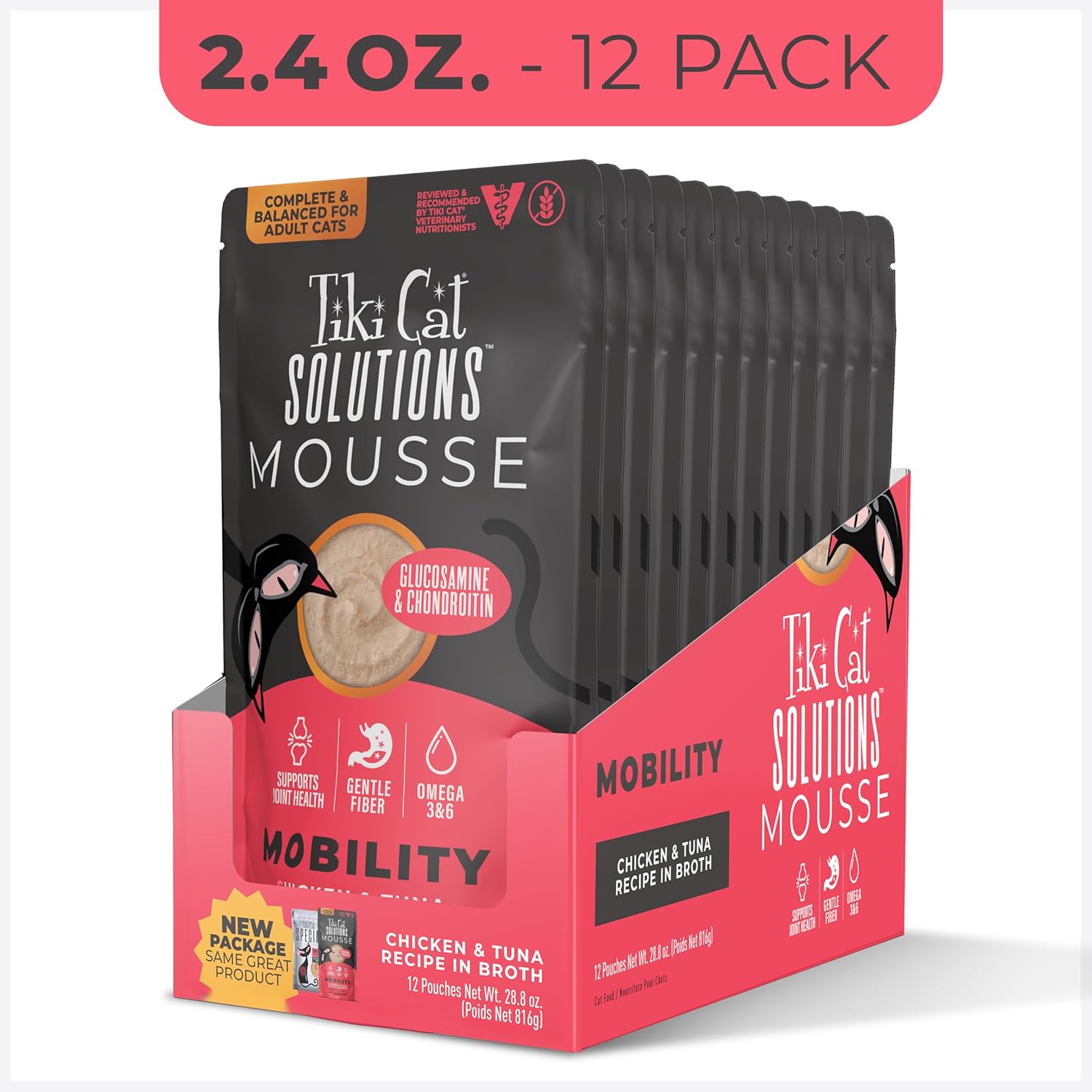 Tiki Cat Solutions Mobility Mousse in 2.4 oz pouch, chicken and tuna recipe for cats, in a 12-pack, with broth.