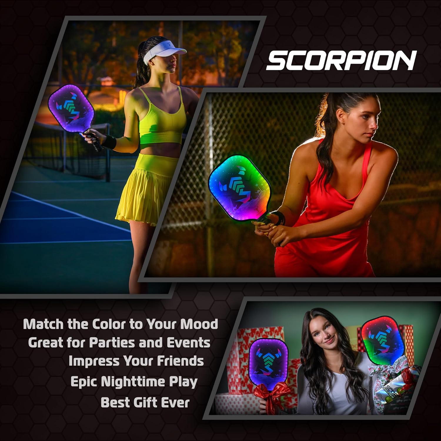 SCORPION LED pickleball paddles set with lightweight rackets, featuring LED lights for enhanced visibility during play