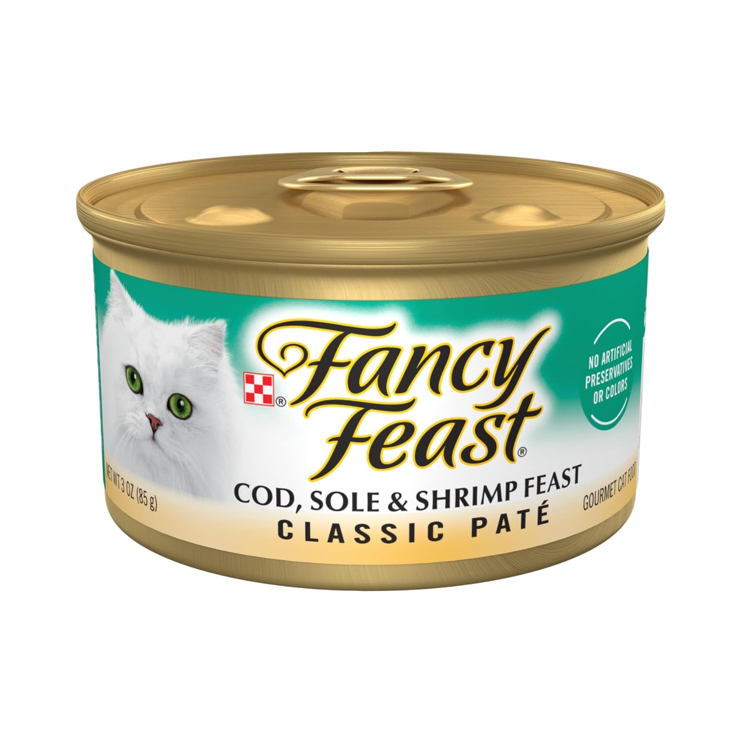 Cans of Fancy Feast Grain-Free Wet Cat Food with cod, sole, and shrimp in classic pate style, 3 oz., pack of 24